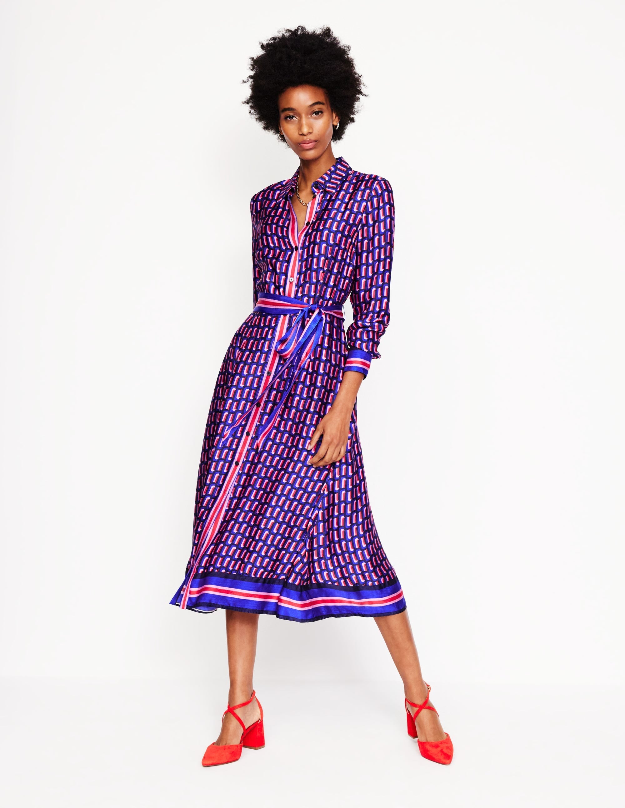 Kate Satin Shirt Dress-Mazarine Blue, Falling Geo - Image 2