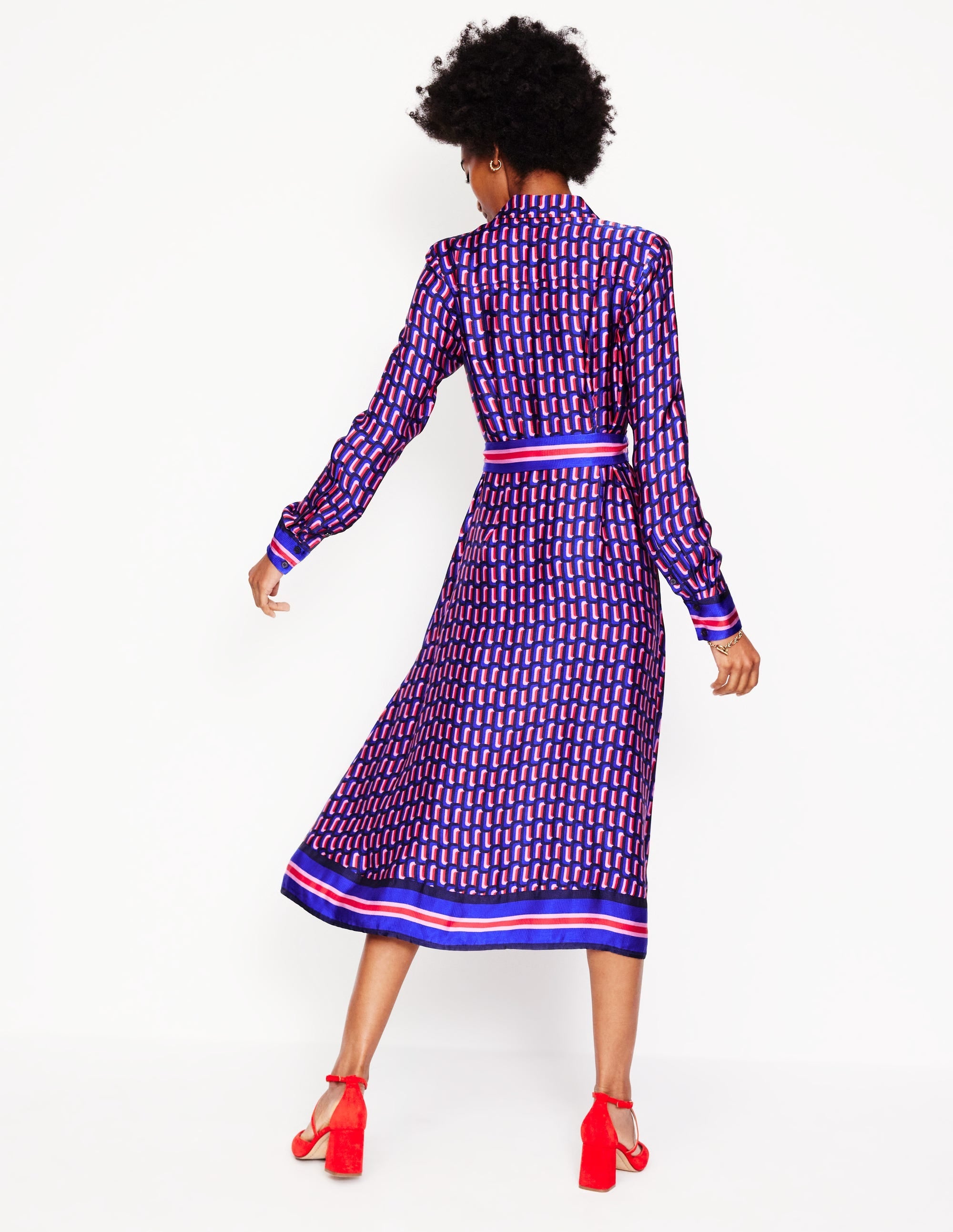 Kate Satin Shirt Dress-Mazarine Blue, Falling Geo - Image 4
