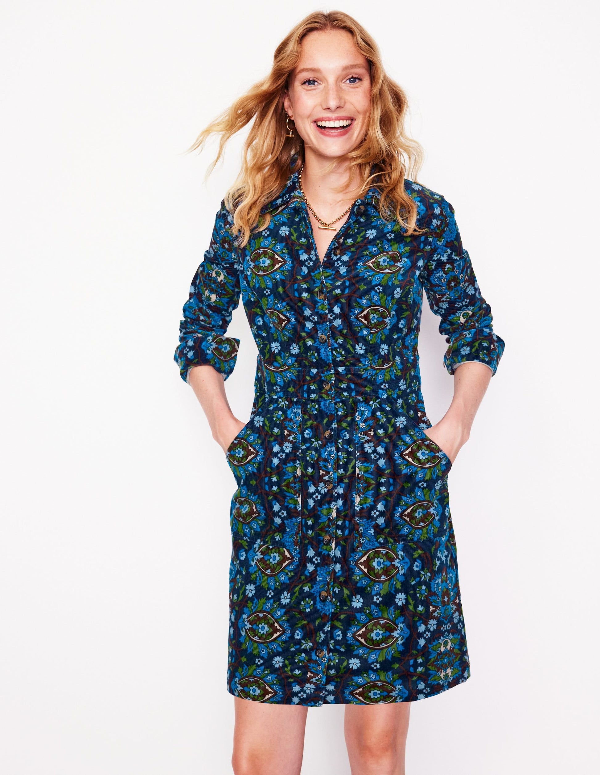Flora Cord Shirt Dress-Kingfisher Blue, Bloom Trellis-4