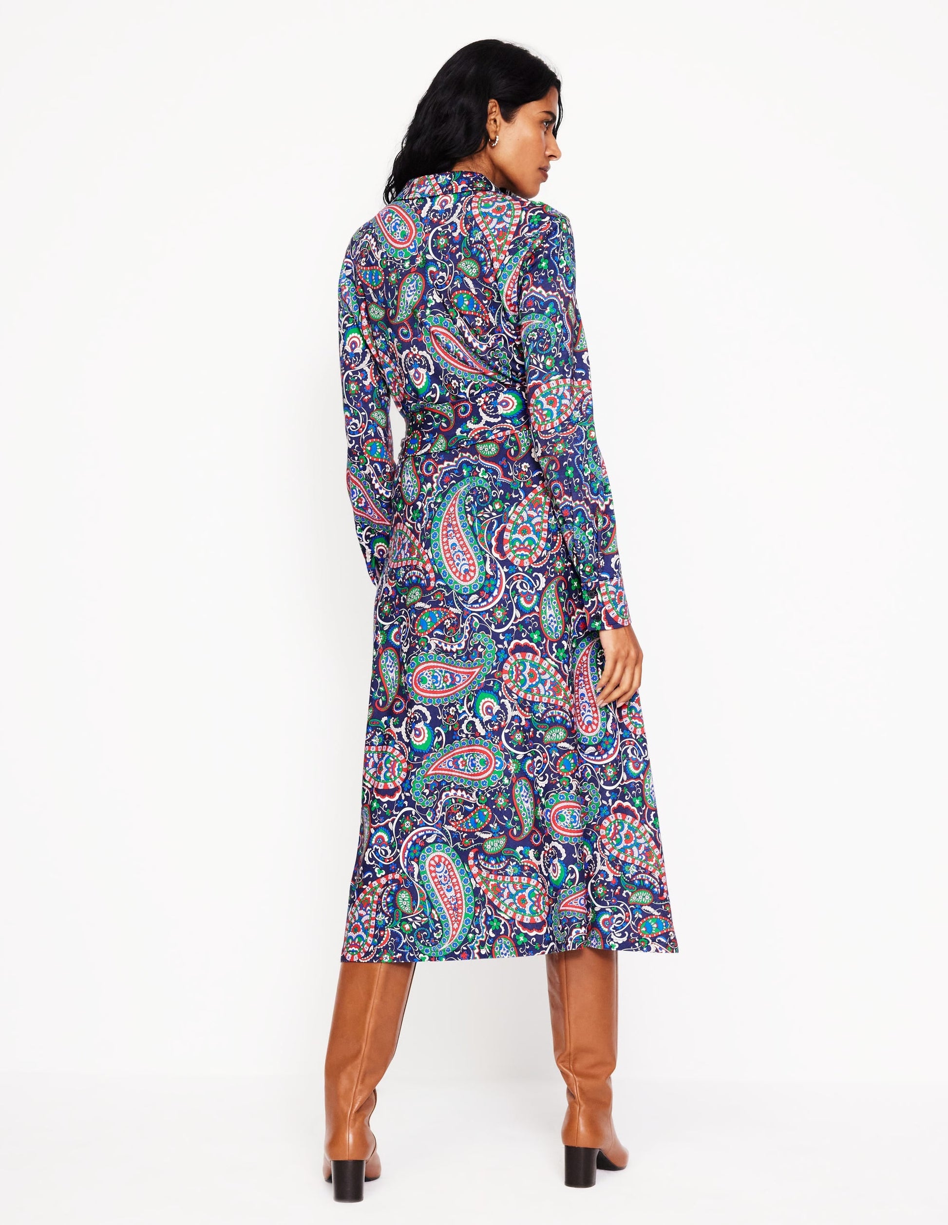 Laura Jersey Midi Shirt Dress-Navy, Paisley Paradise-3