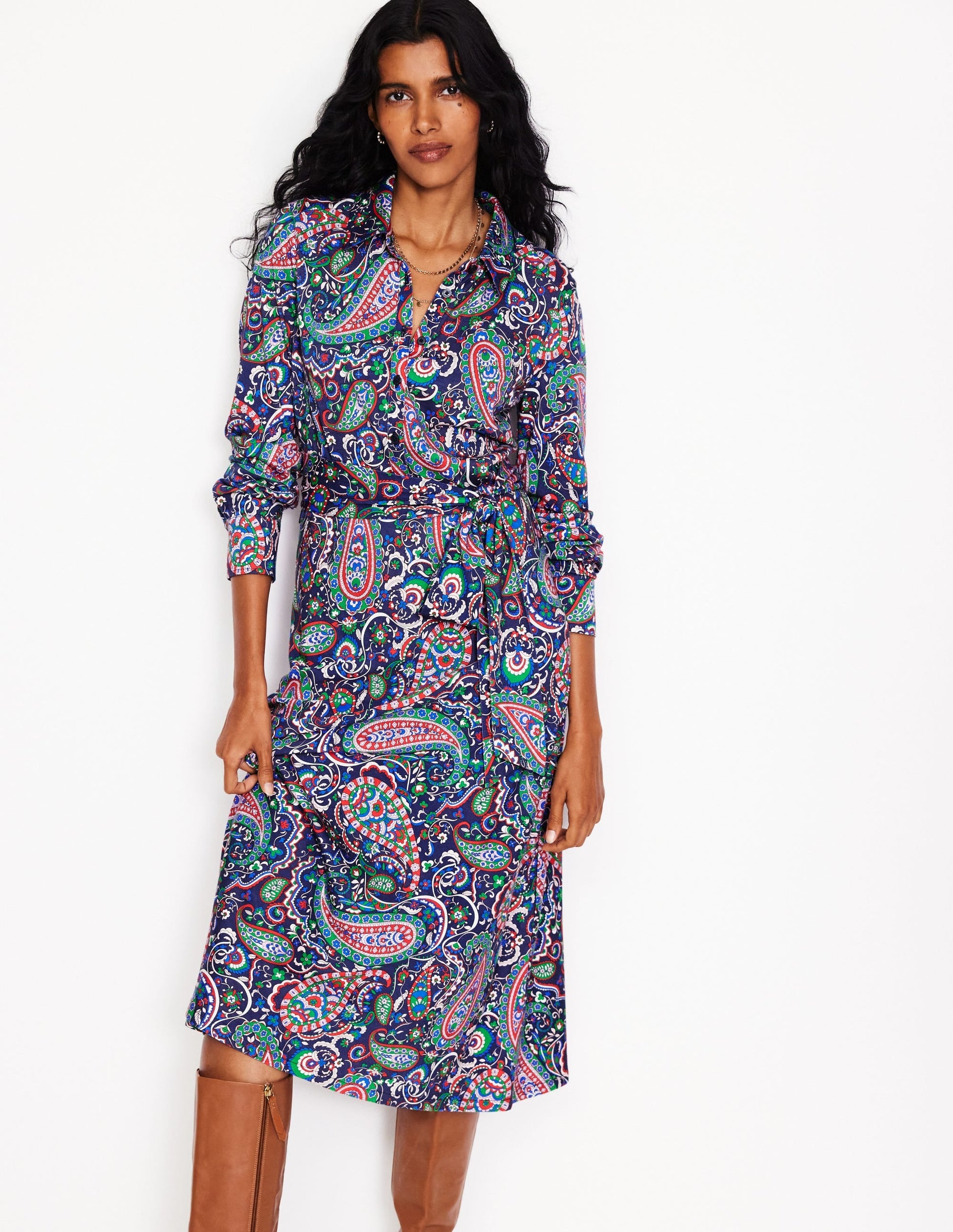 Laura Jersey Midi Shirt Dress-Navy, Paisley Paradise-4