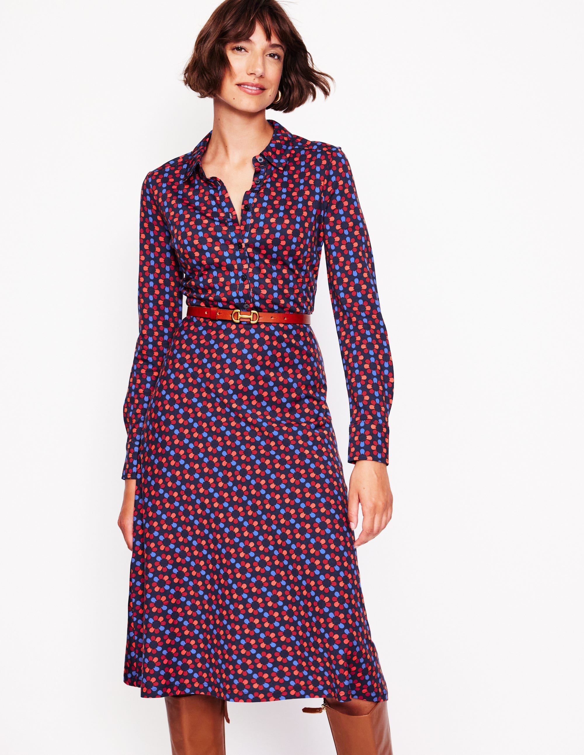 Laura Jersey Midi Shirt Dress-Bright Pink, Structured Petal - Image 1