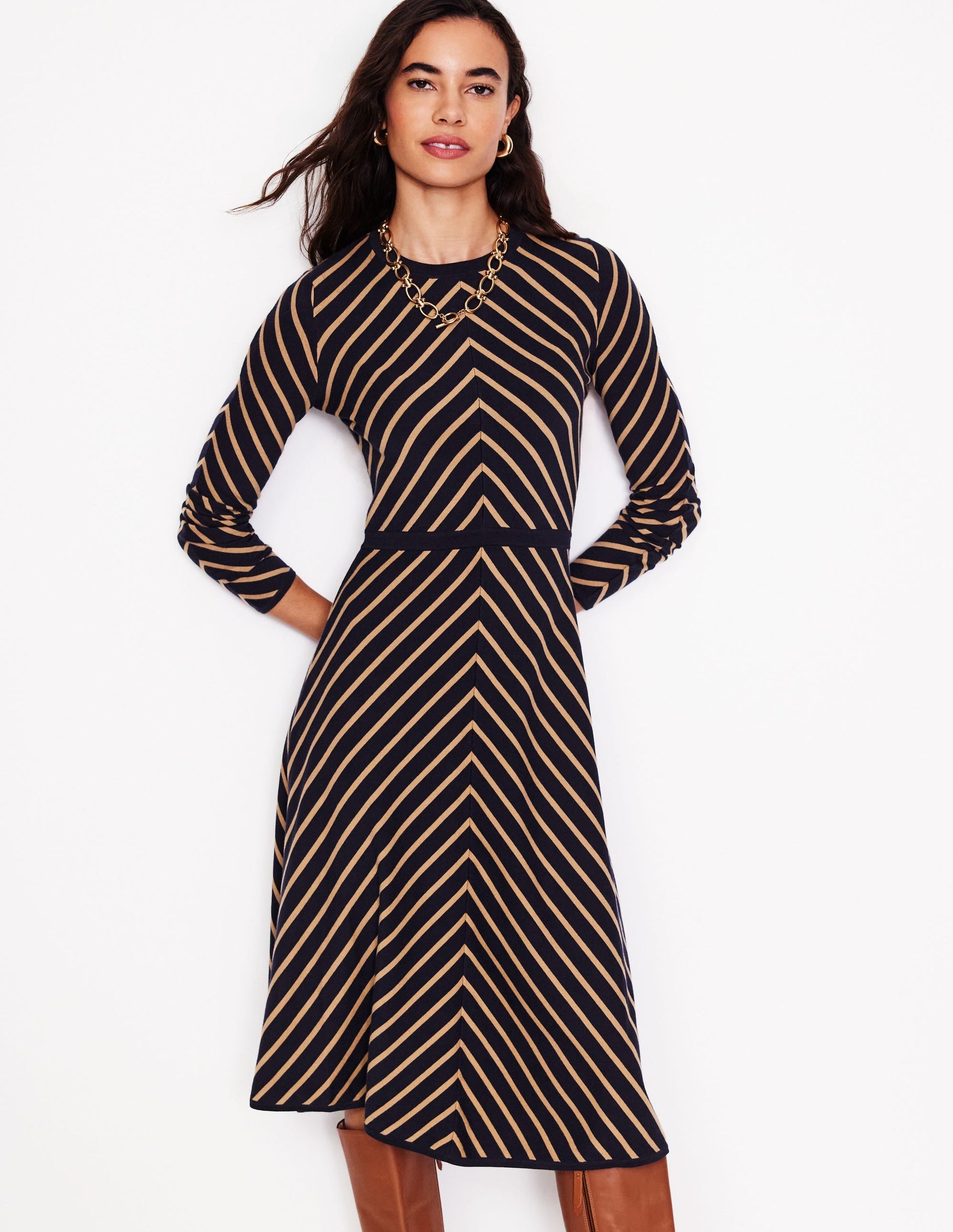 Maria Knitted Midi Dress-Navy, Camel Stripe-1