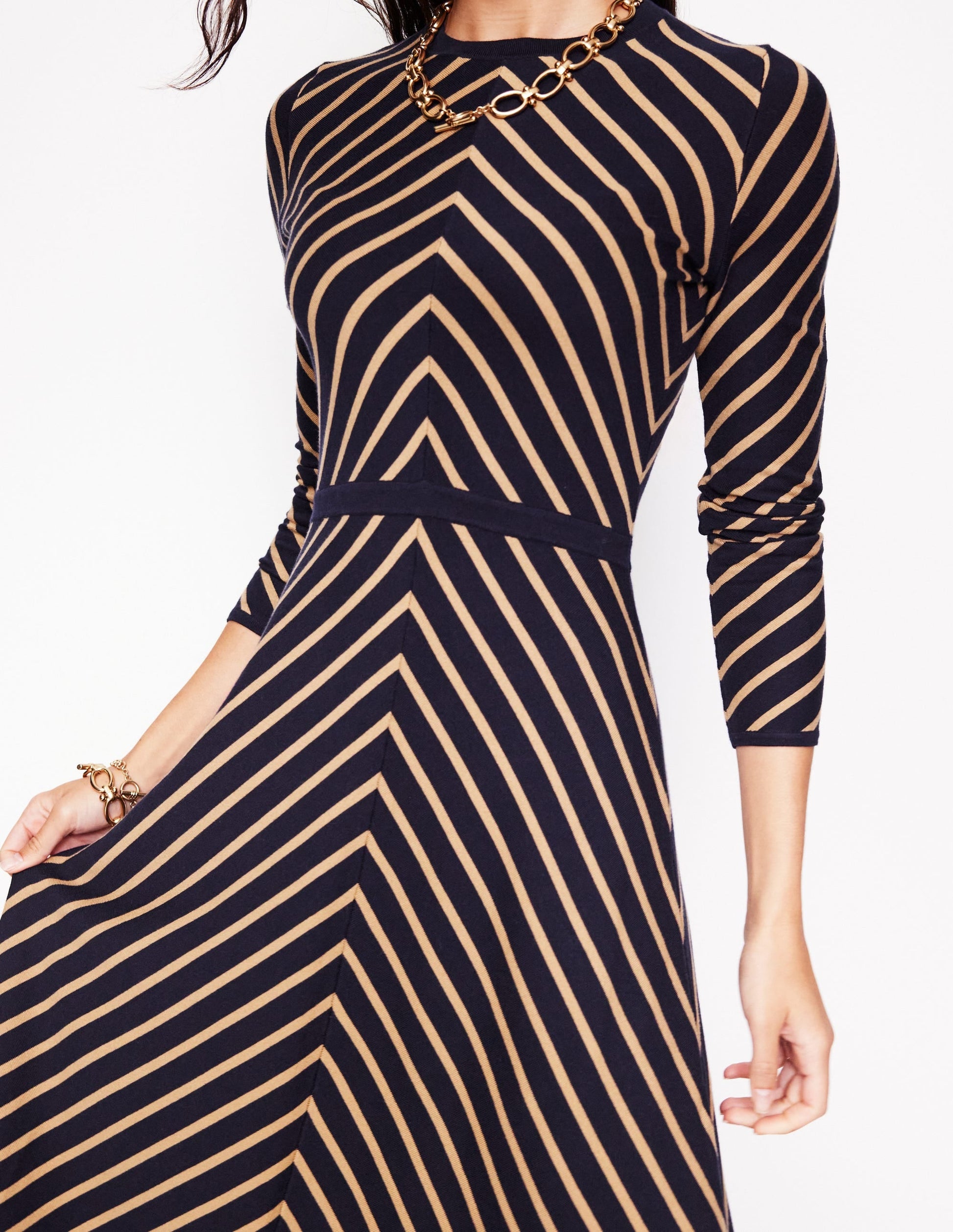 Maria Knitted Midi Dress-Navy, Camel Stripe-2