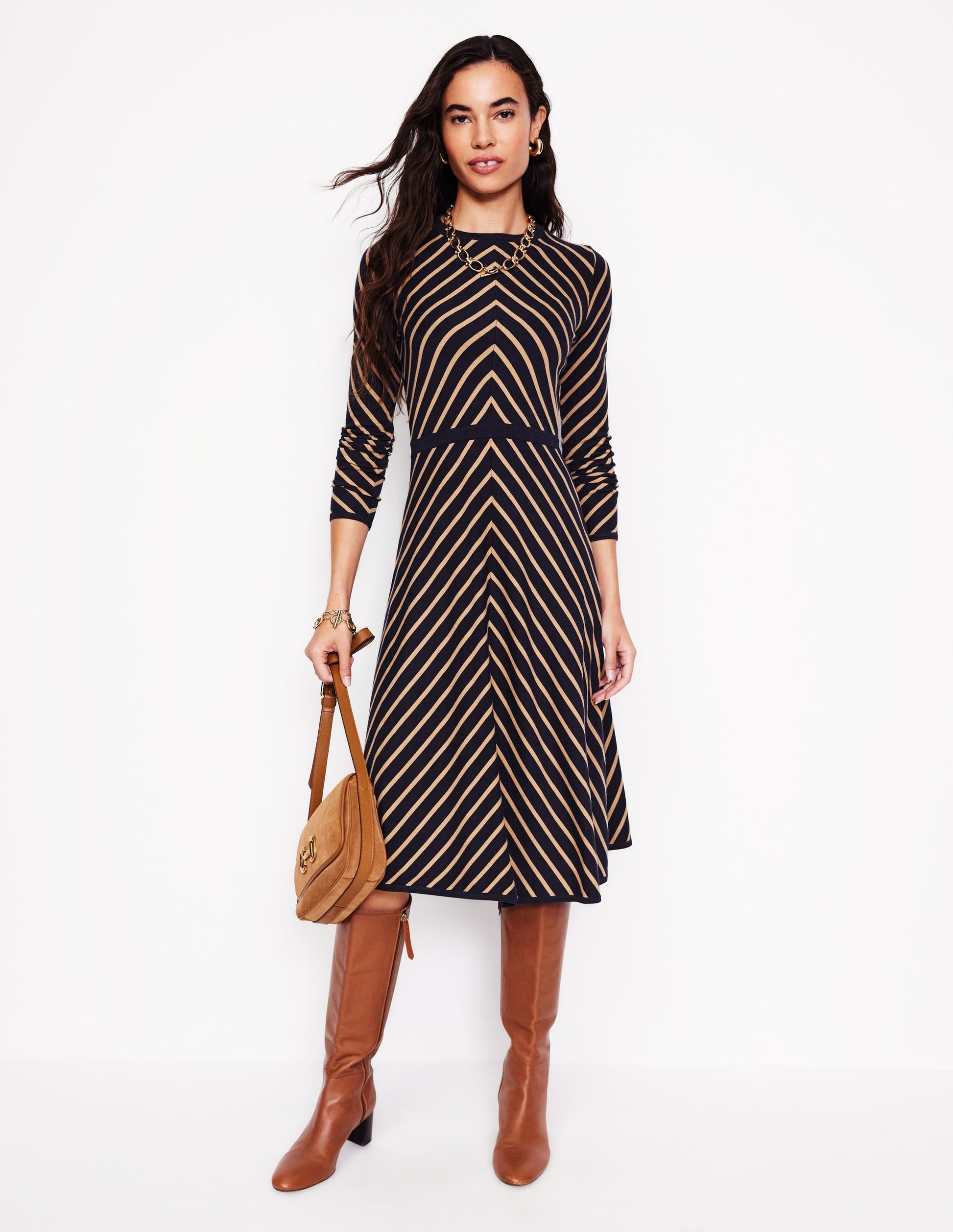 Maria Knitted Midi Dress-Navy, Camel Stripe-4