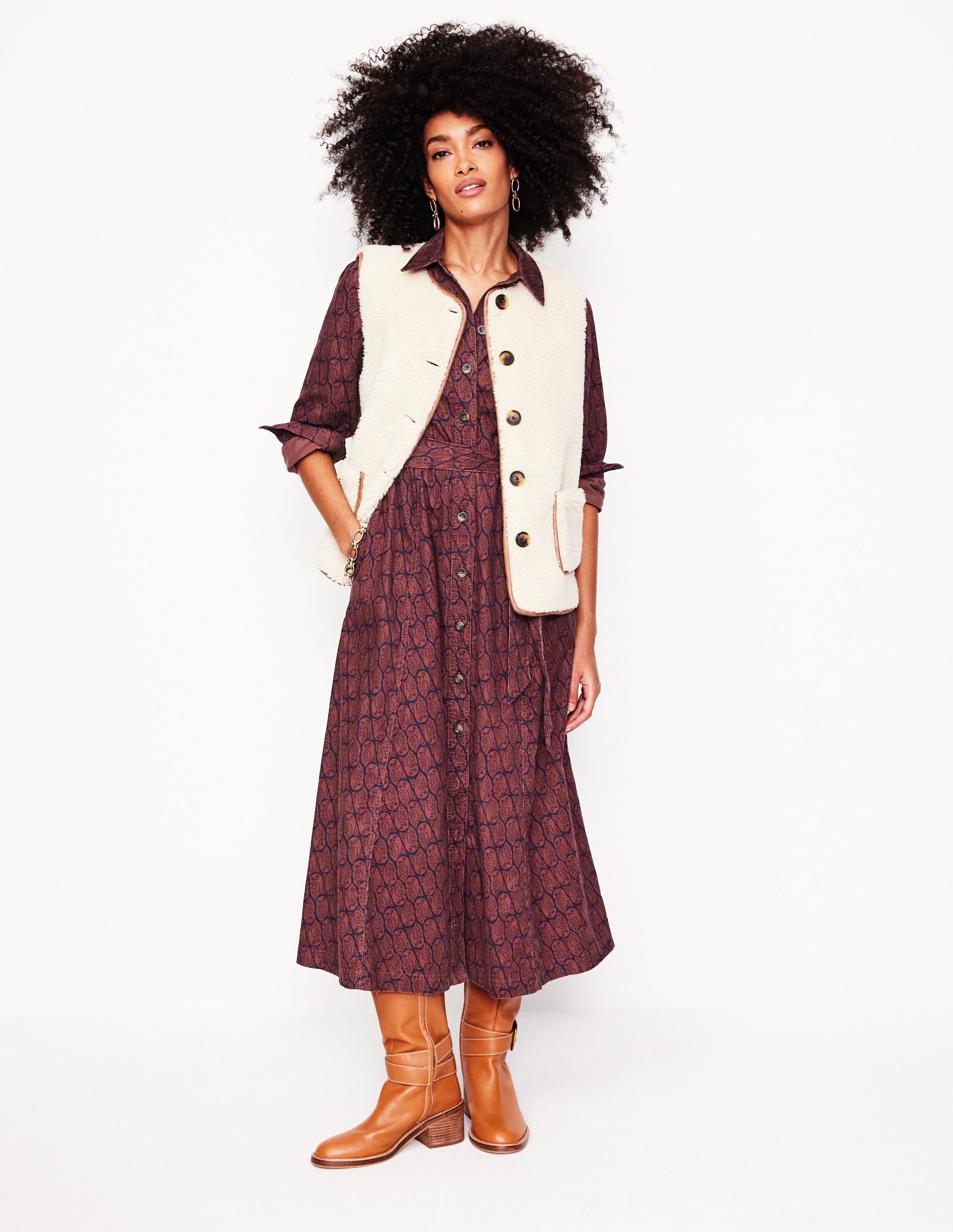 Aubrey Cord Midi Shirt Dress-Chestnut, Owl Stamp - Image 1
