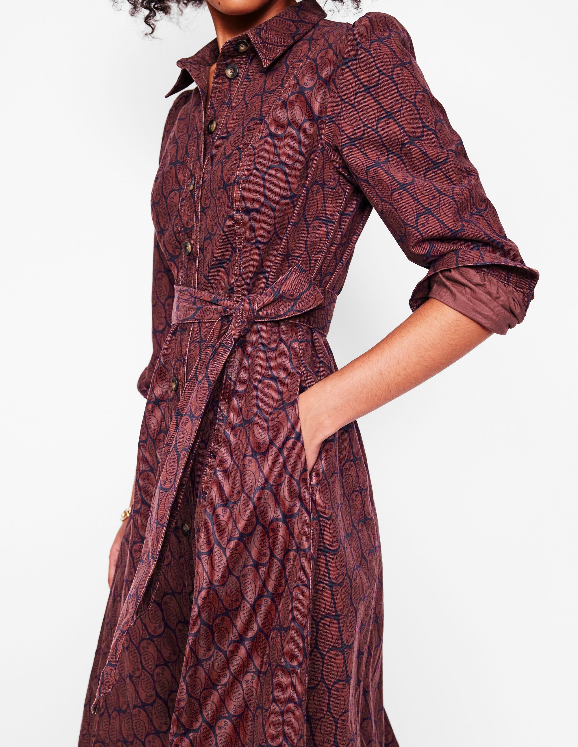 Aubrey Cord Midi Shirt Dress-Chestnut, Owl Stamp - Image 2
