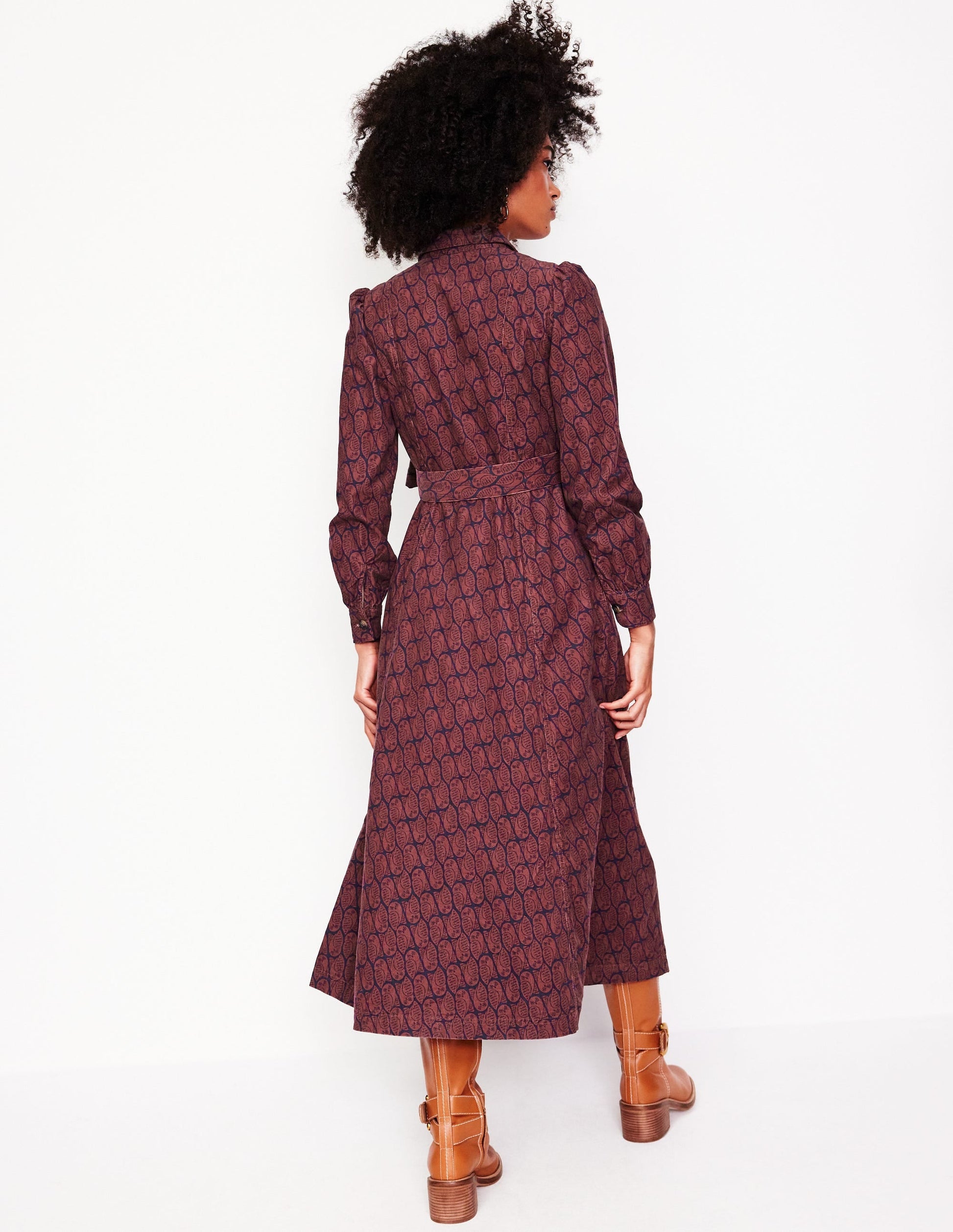 Aubrey Cord Midi Shirt Dress-Chestnut, Owl Stamp-3