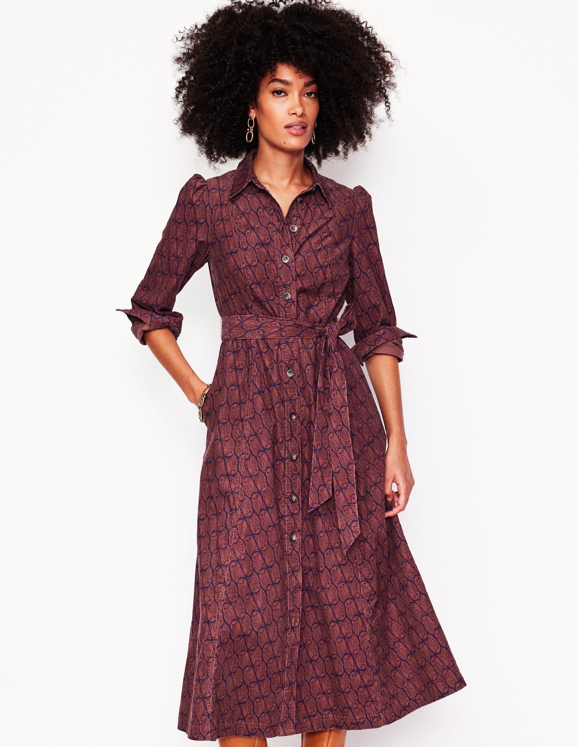 Aubrey Cord Midi Shirt Dress-Chestnut, Owl Stamp - Image 4