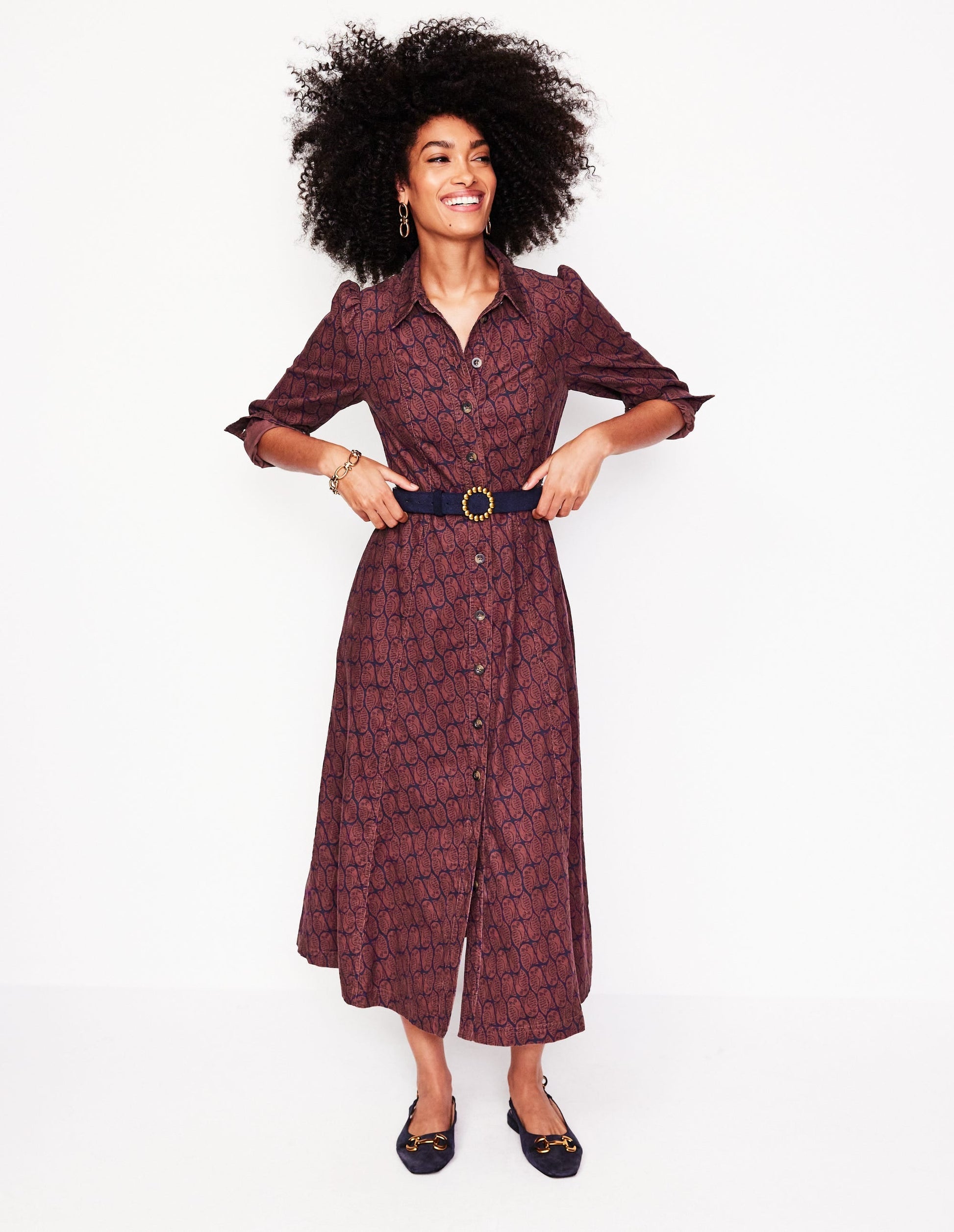 Aubrey Cord Midi Shirt Dress-Chestnut, Owl Stamp-5