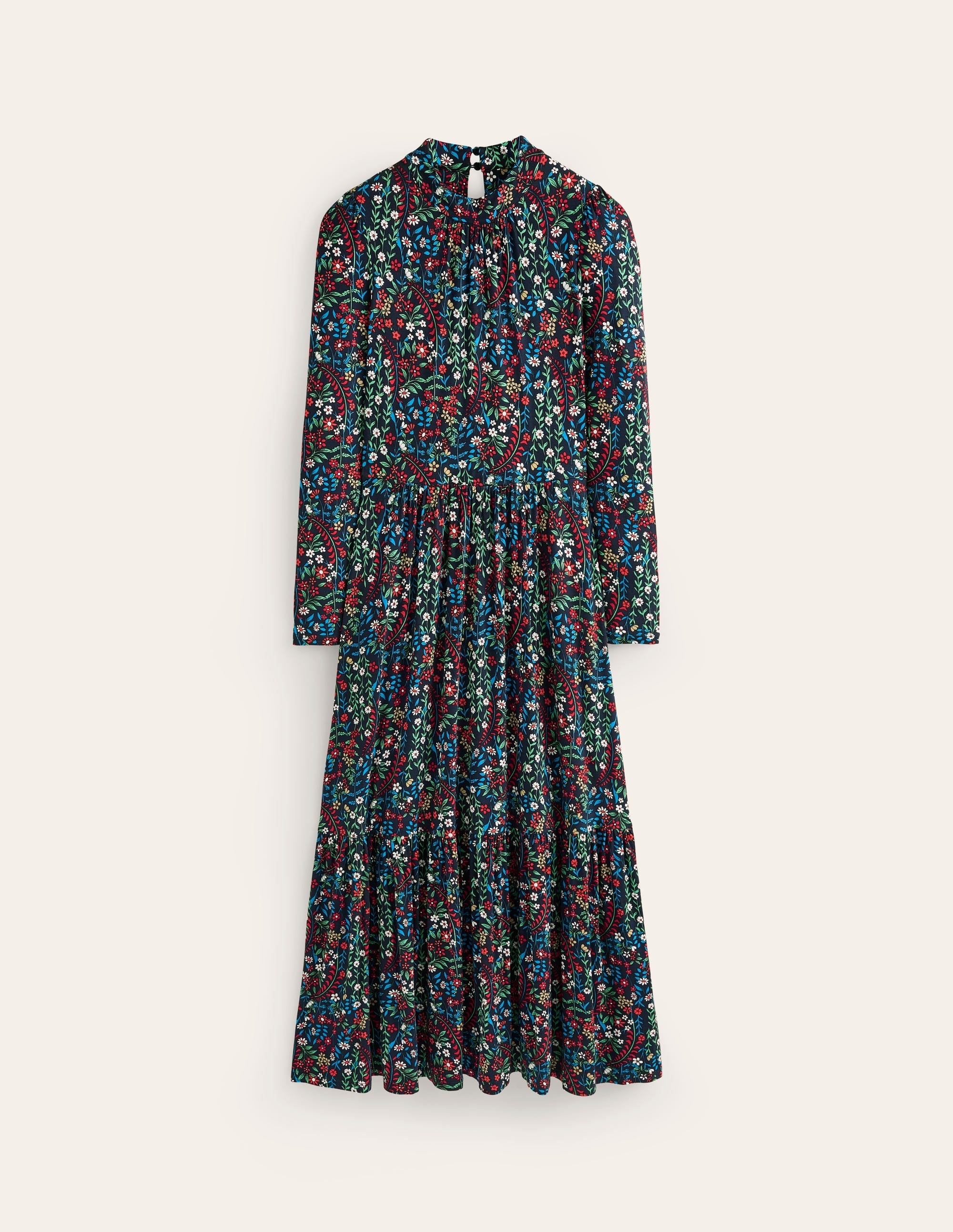 High Neck Tiered Jersey Dress-Navy, Foliage Bud - Image 5