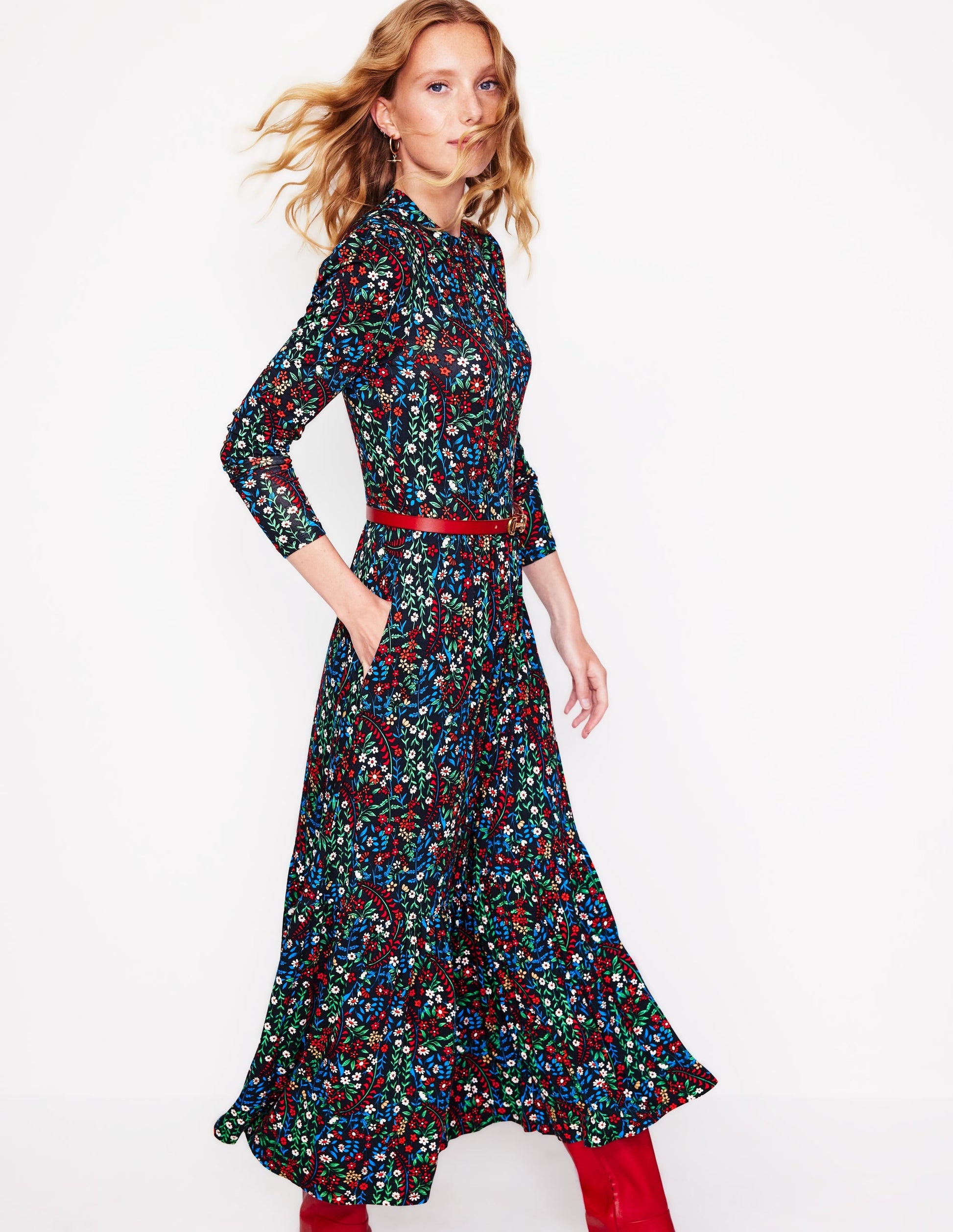 High Neck Tiered Jersey Dress-Navy, Foliage Bud-1