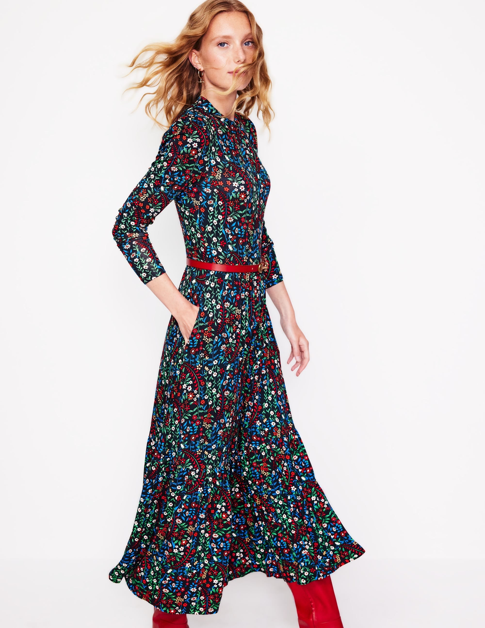High Neck Tiered Jersey Dress-Navy, Foliage Bud - Image 1