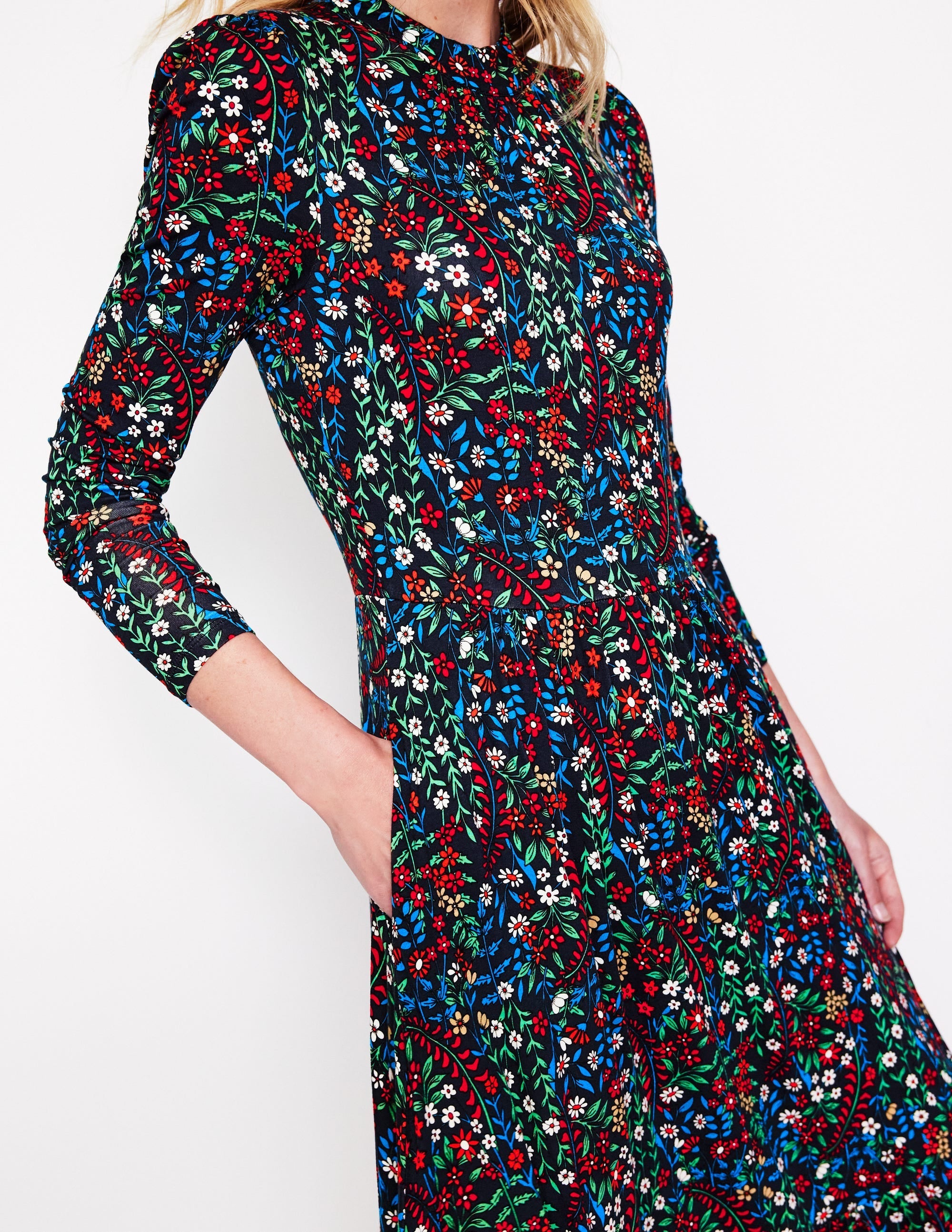 High Neck Tiered Jersey Dress-Navy, Foliage Bud - Image 2