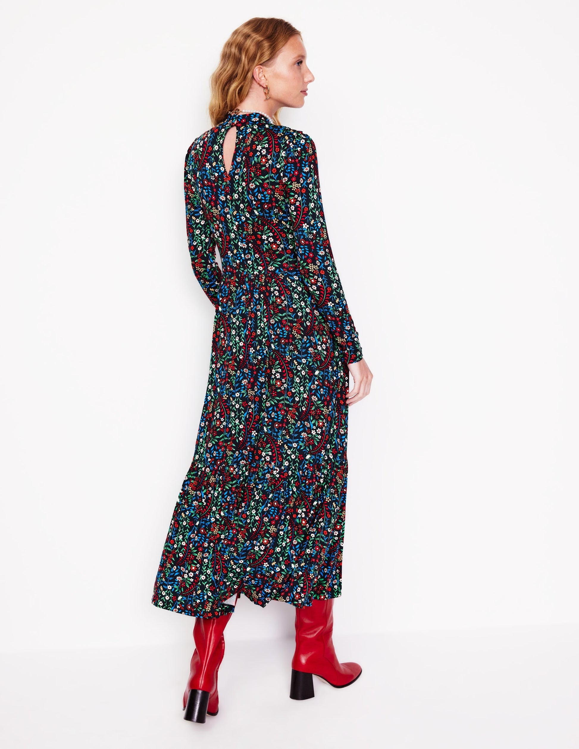 High Neck Tiered Jersey Dress-Navy, Foliage Bud-3