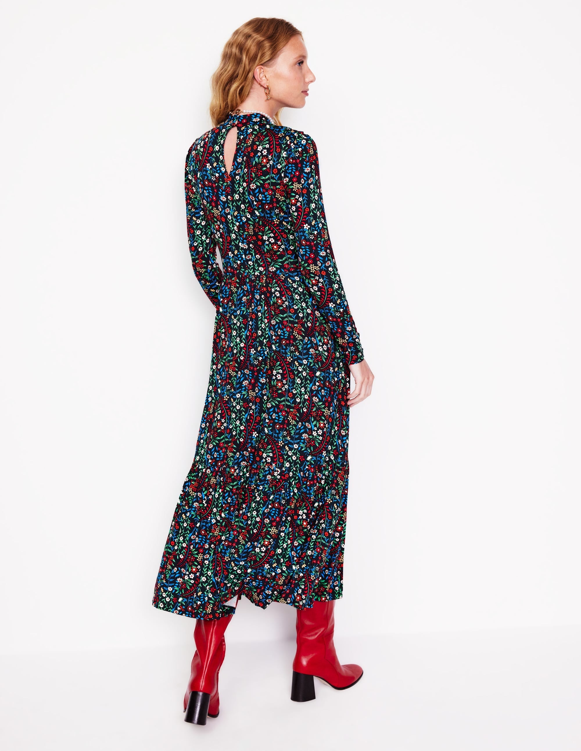 High Neck Tiered Jersey Dress-Navy, Foliage Bud - Image 3