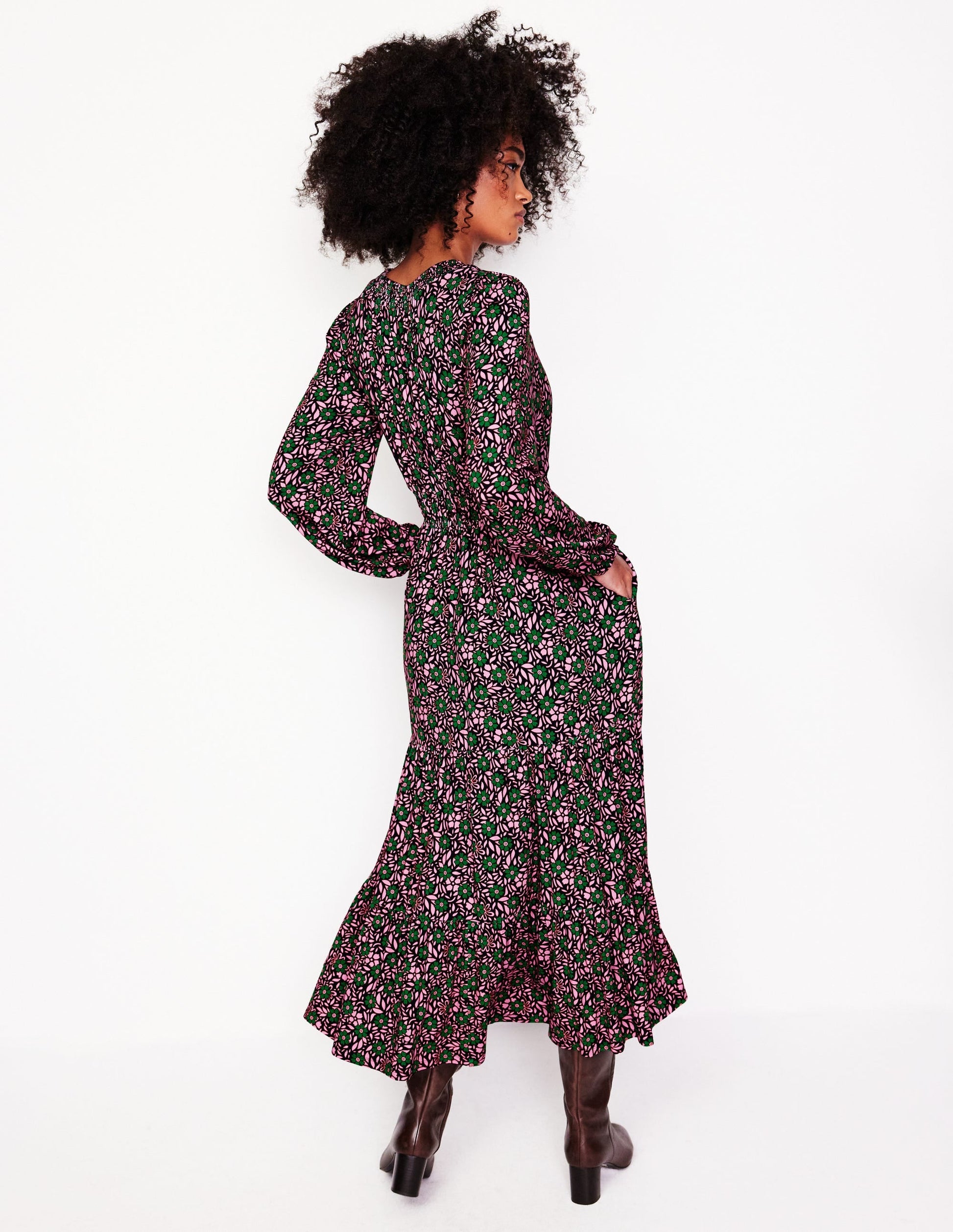 Smock Tiered Jersey Midi Dress-Sherbet, Foliage Cluster-3