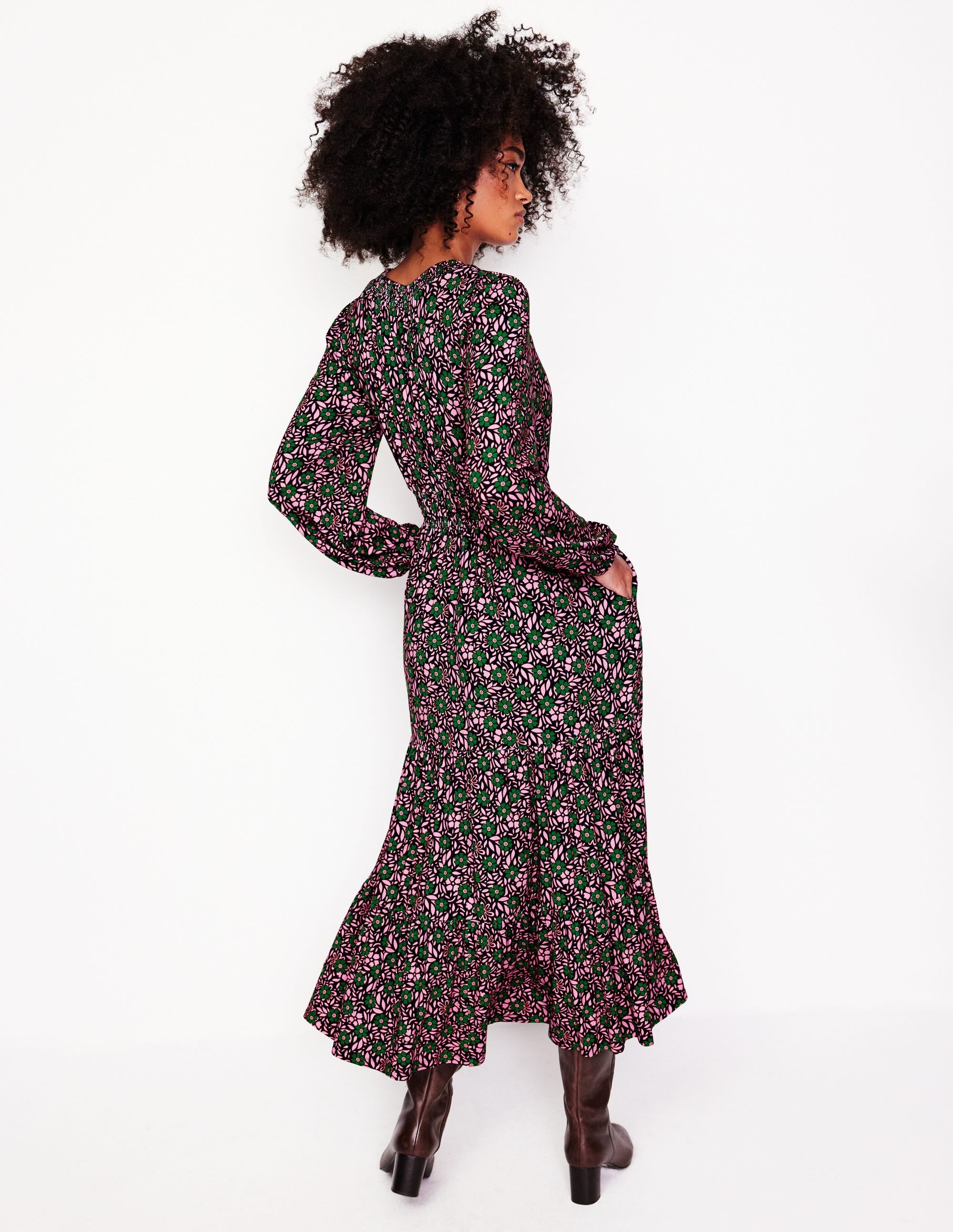 Smock Tiered Jersey Midi Dress-Sherbet, Foliage Cluster - Image 3