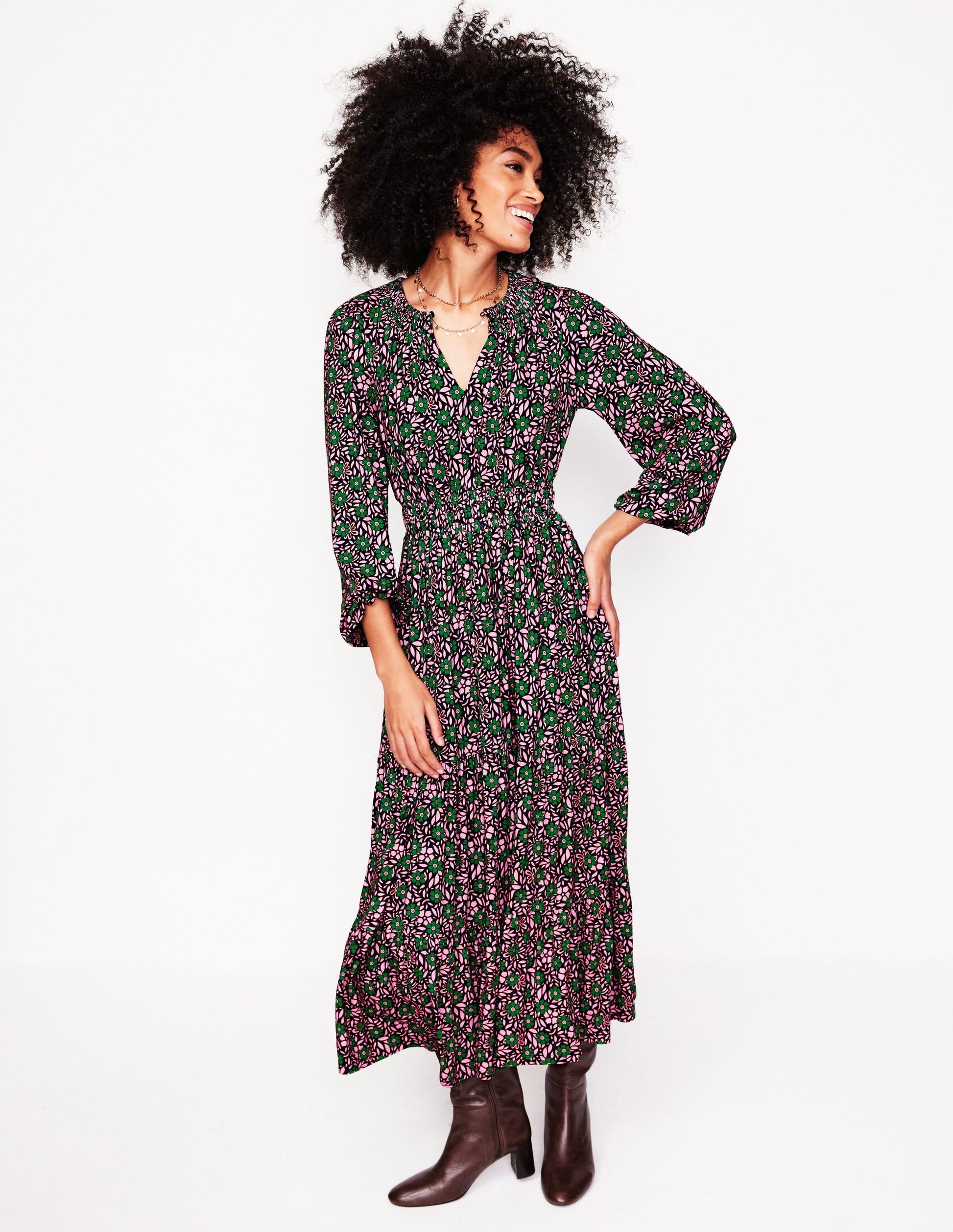 Smock Tiered Jersey Midi Dress-Sherbet, Foliage Cluster-4