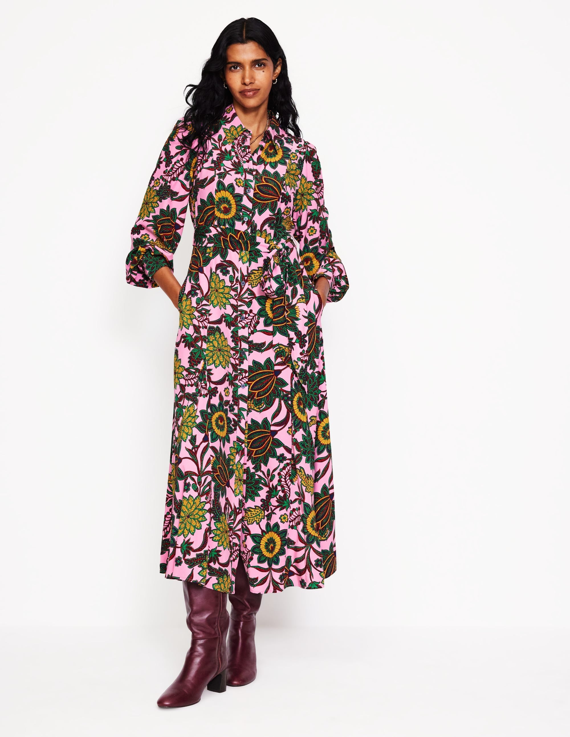 Martha Godet Maxi Shirt Dress-Mauve Mist, Ornate Bud - Image 4