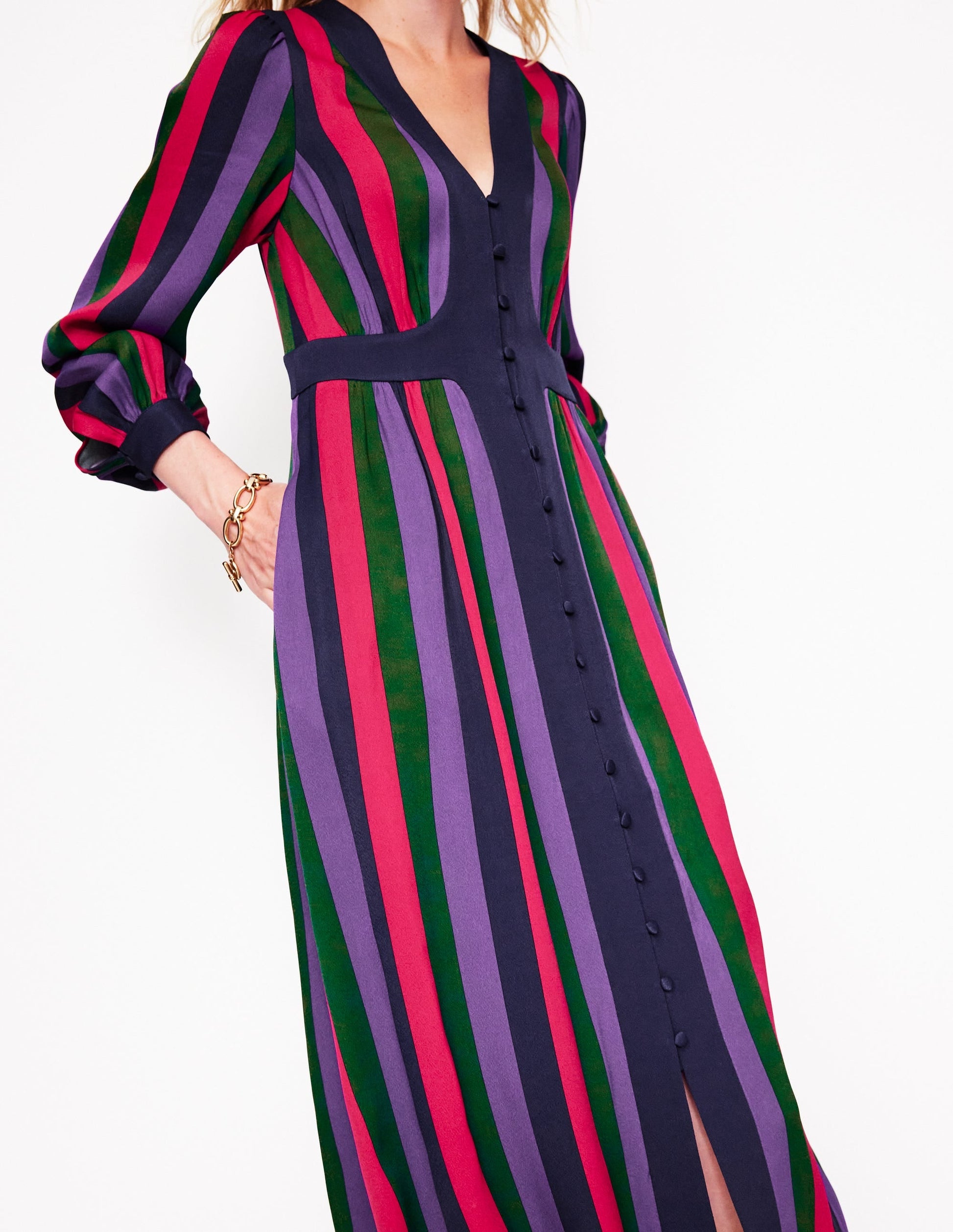 Colourblock V Neck Midi Dress-Pine and Ameythyst Stripe-2