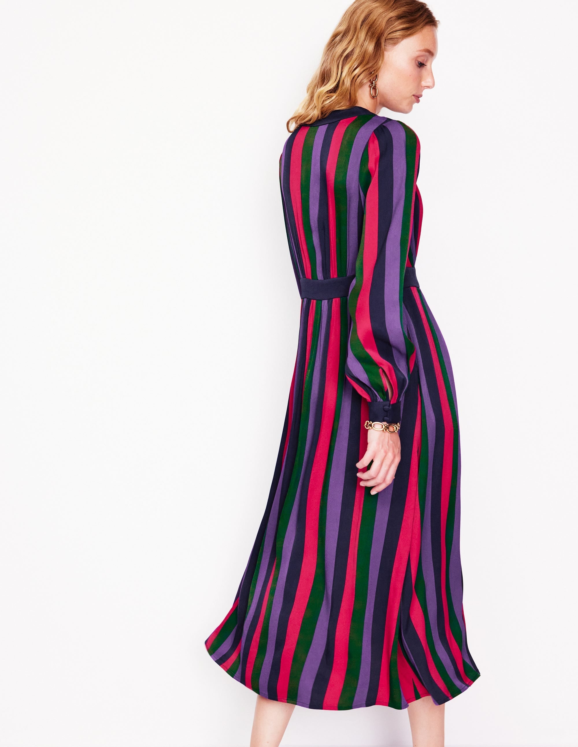 Colourblock V Neck Midi Dress-Pine and Ameythyst Stripe - Image 3