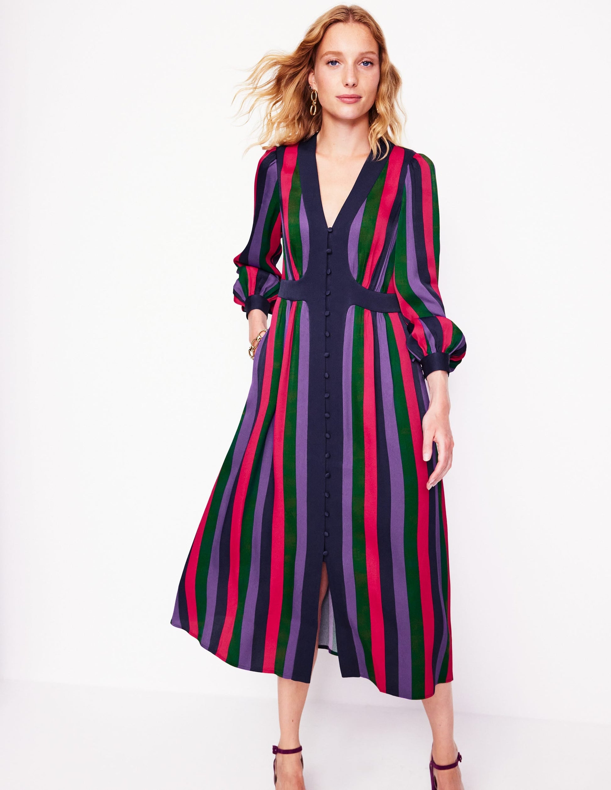 Colourblock V Neck Midi Dress-Pine and Ameythyst Stripe-4