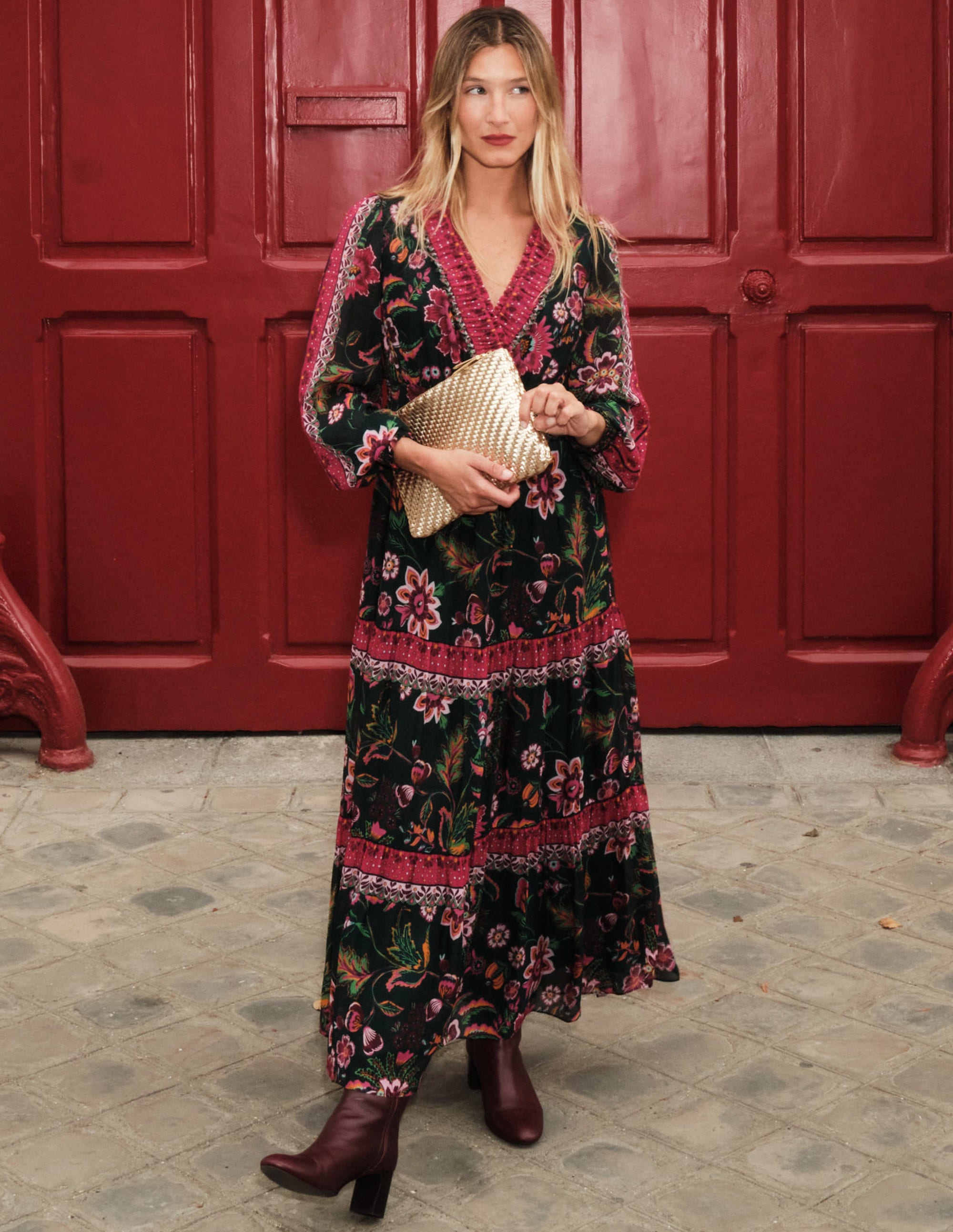 V-Neck Ruffle Maxi Dress-Multi, Blossom Flourish - Image 5