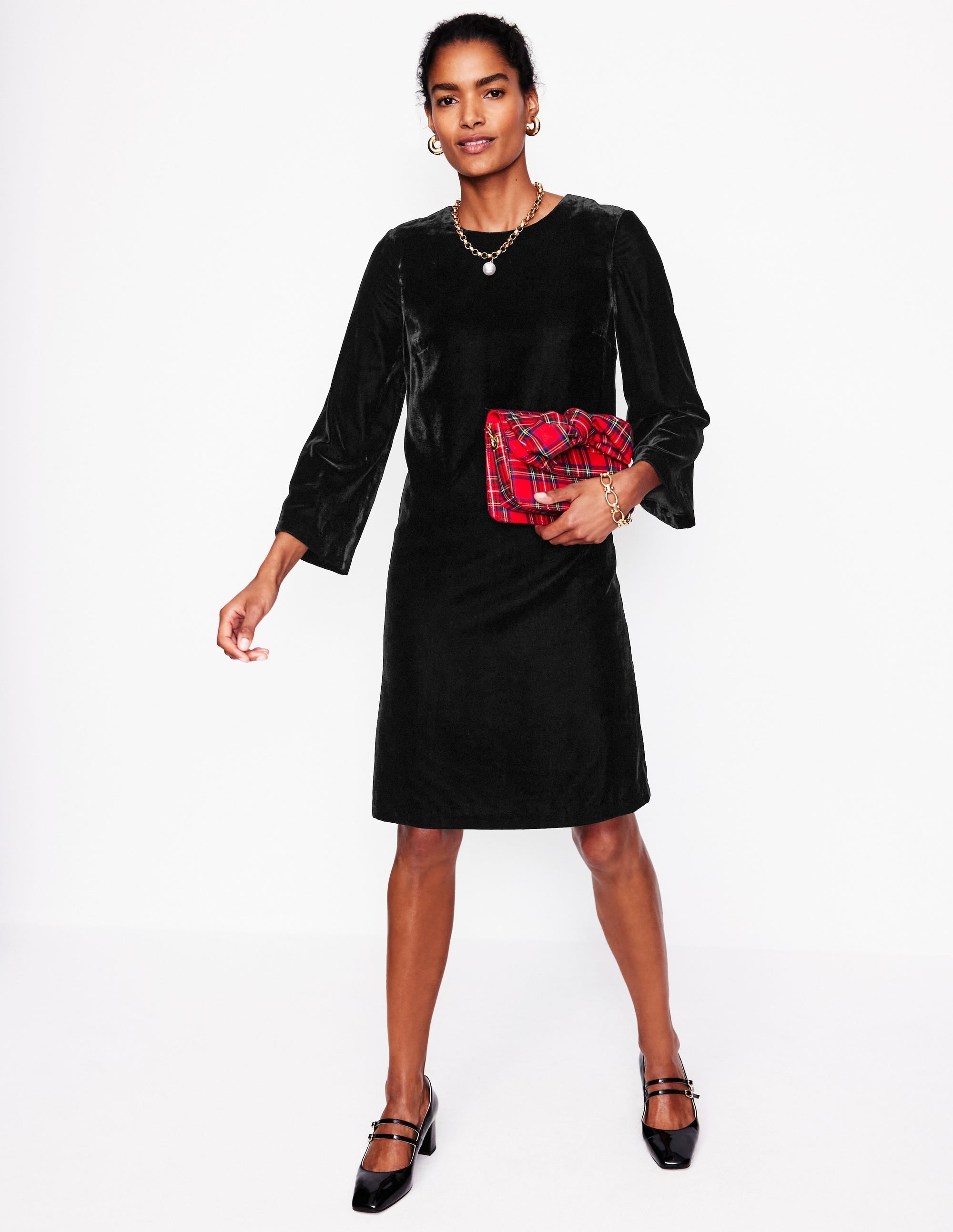 Long Sleeve Velvet Shift Dress-Black - Image 1