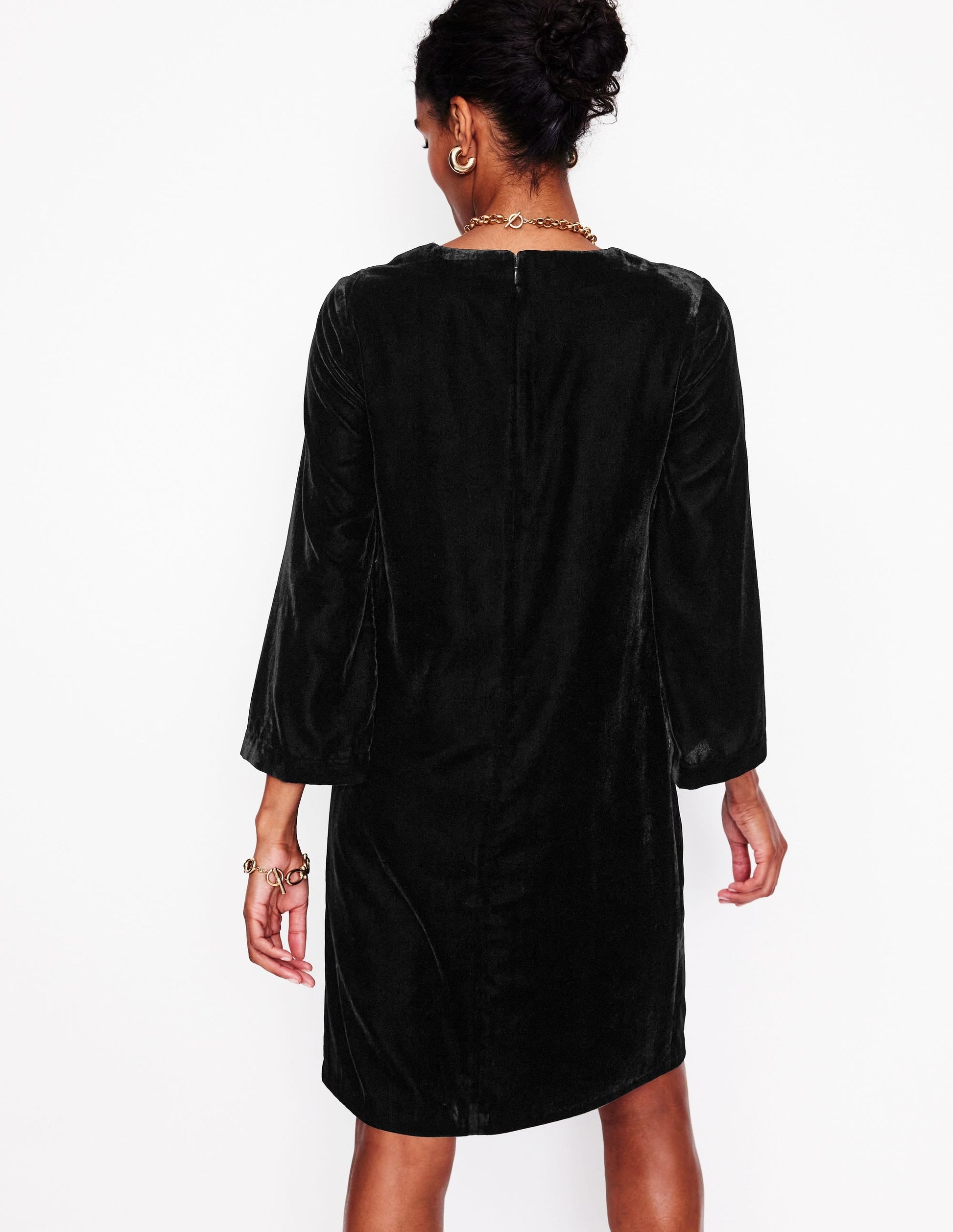 Long Sleeve Velvet Shift Dress-Black-3