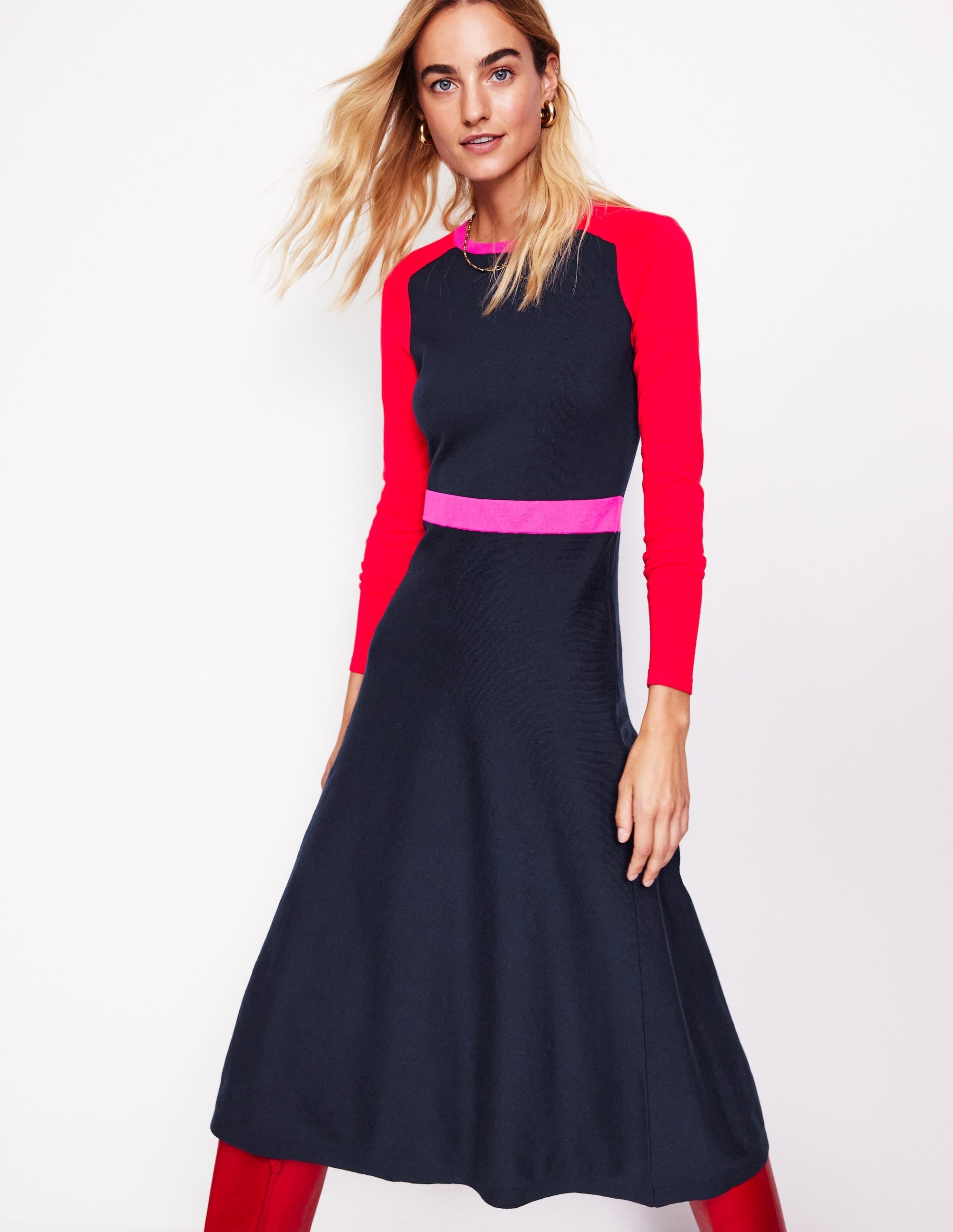 Marta Knitted Midi Dress-Navy, Rouge Colourblock - Image 1