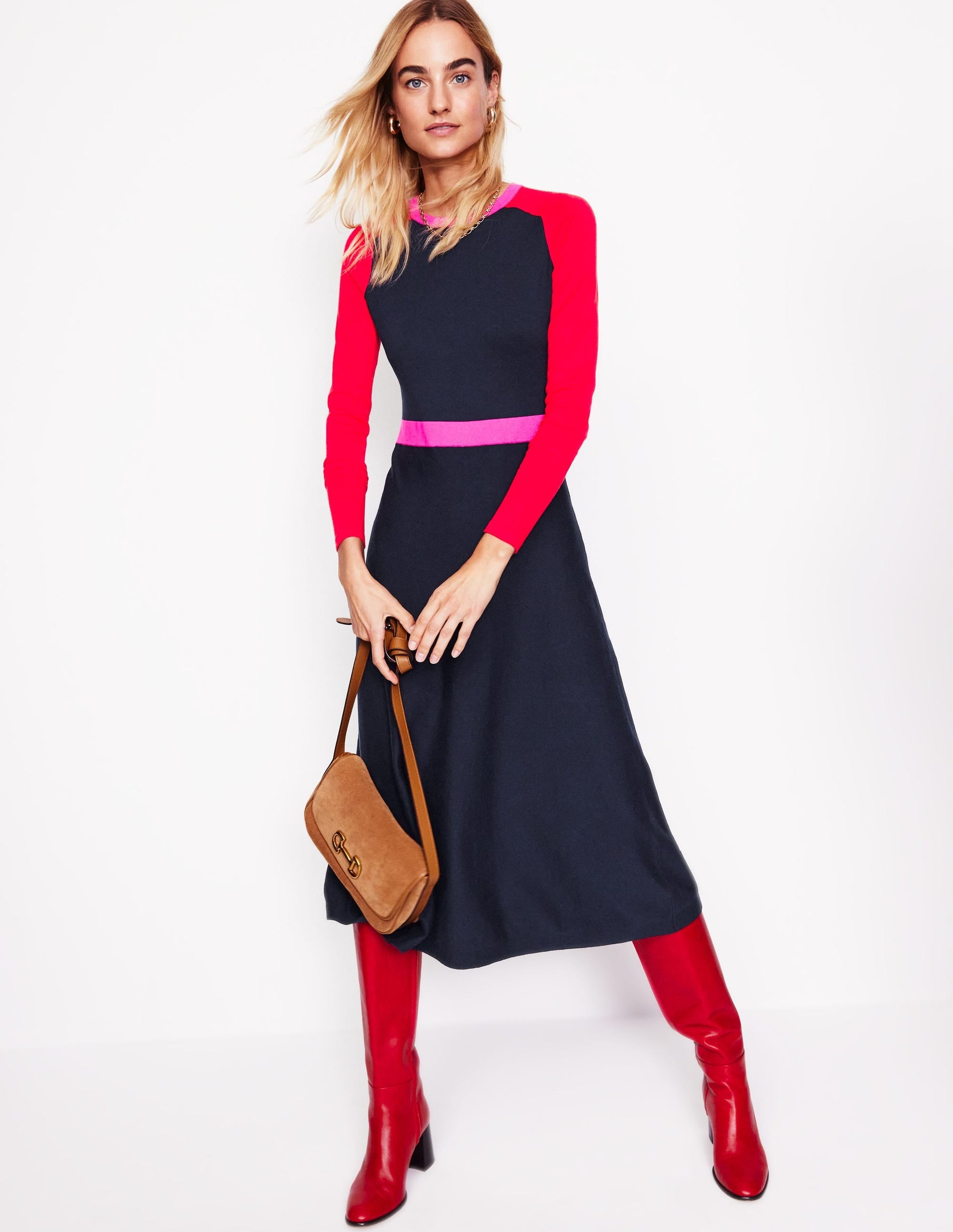 Marta Knitted Midi Dress-Navy, Rouge Colourblock-4
