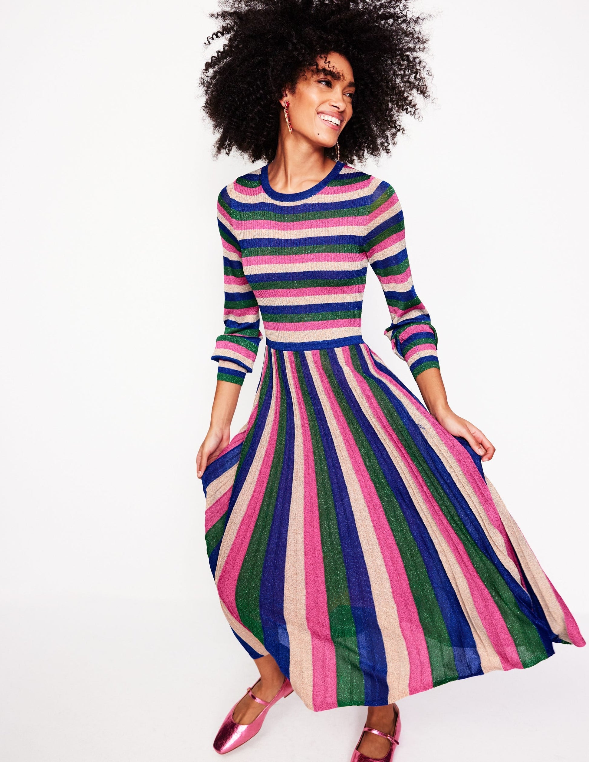 Ribbed Metallic Party Dress-Pink, Green and Gold Stripe-1