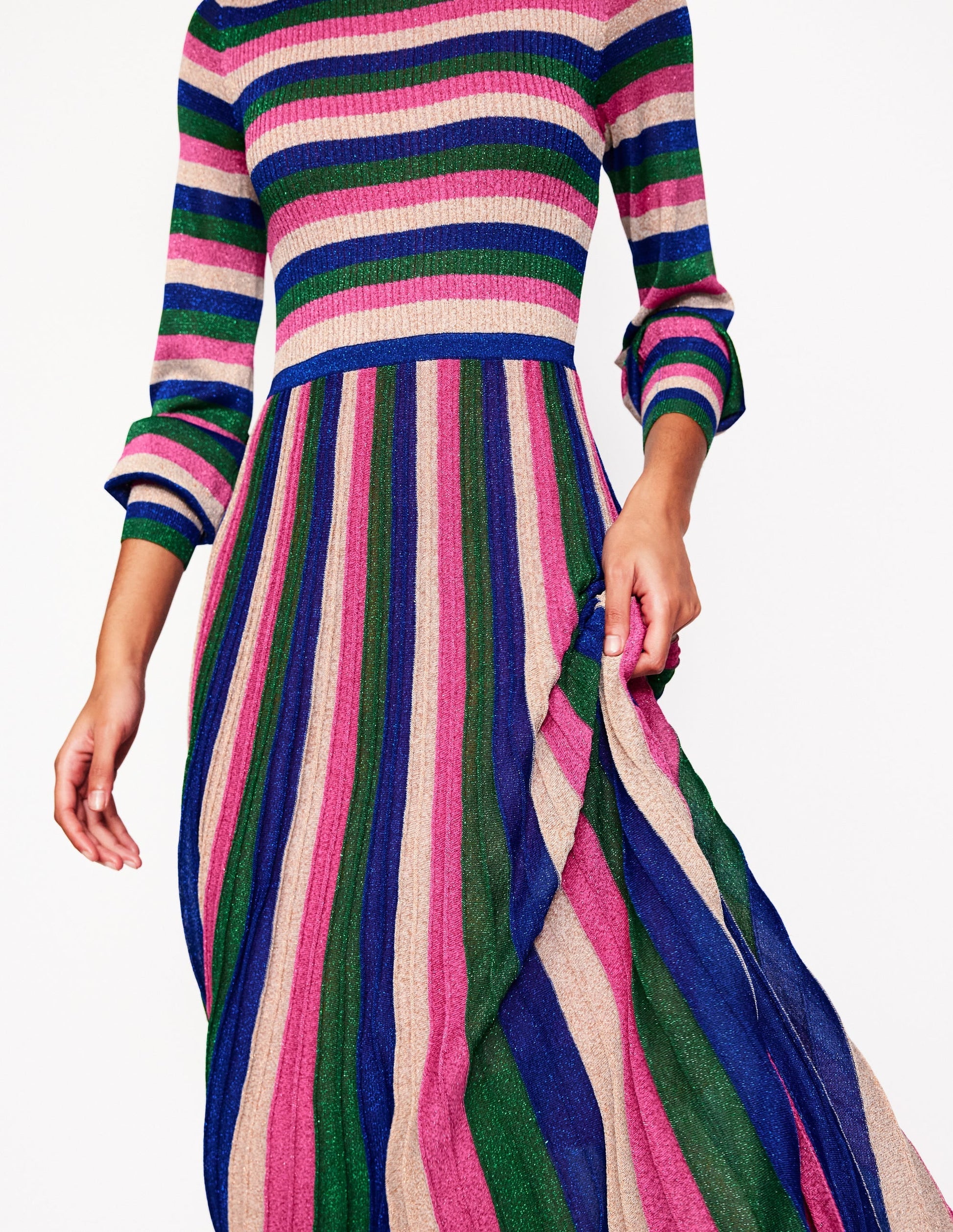 Ribbed Metallic Party Dress-Pink, Green and Gold Stripe-2