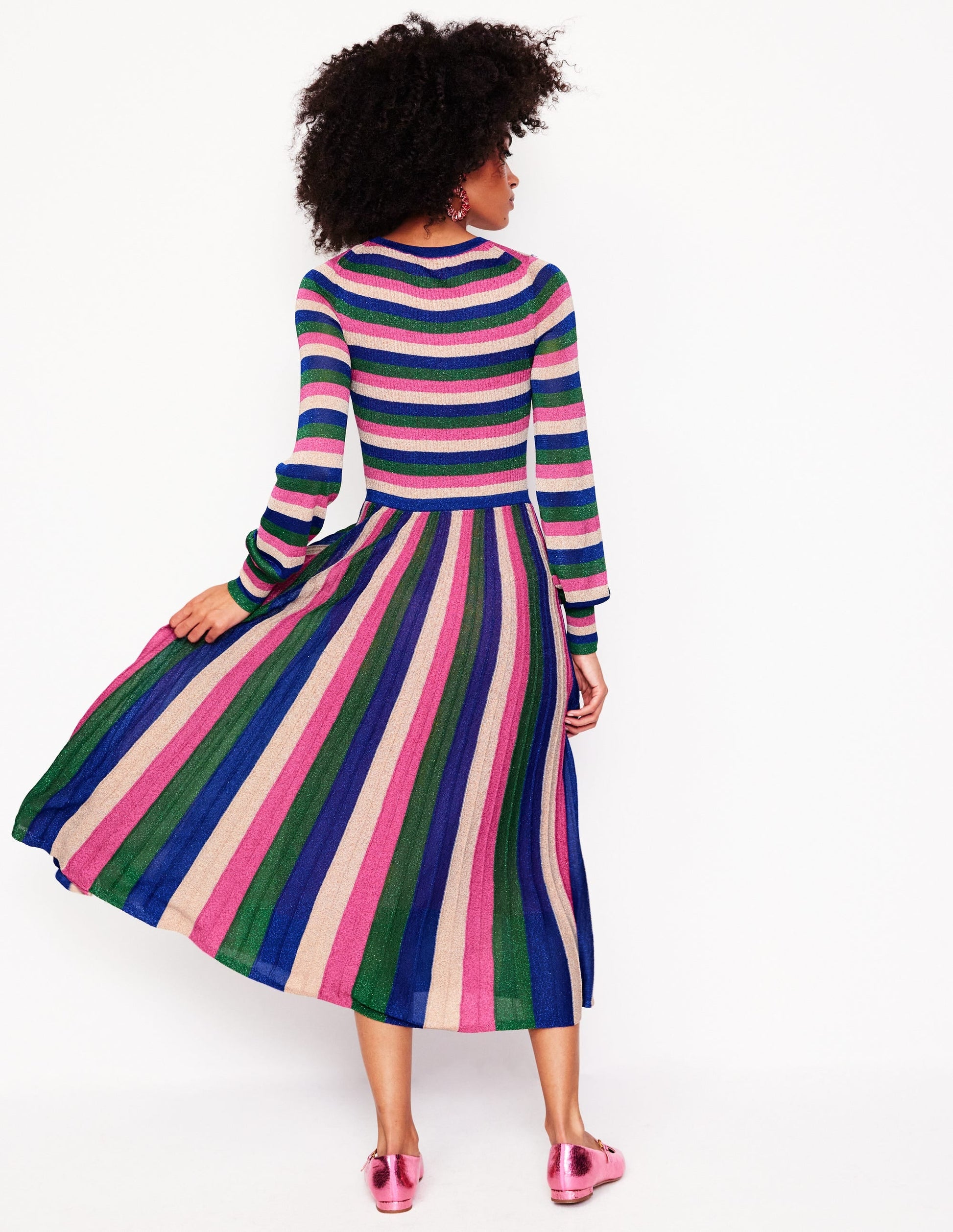 Ribbed Metallic Party Dress-Pink, Green and Gold Stripe-3
