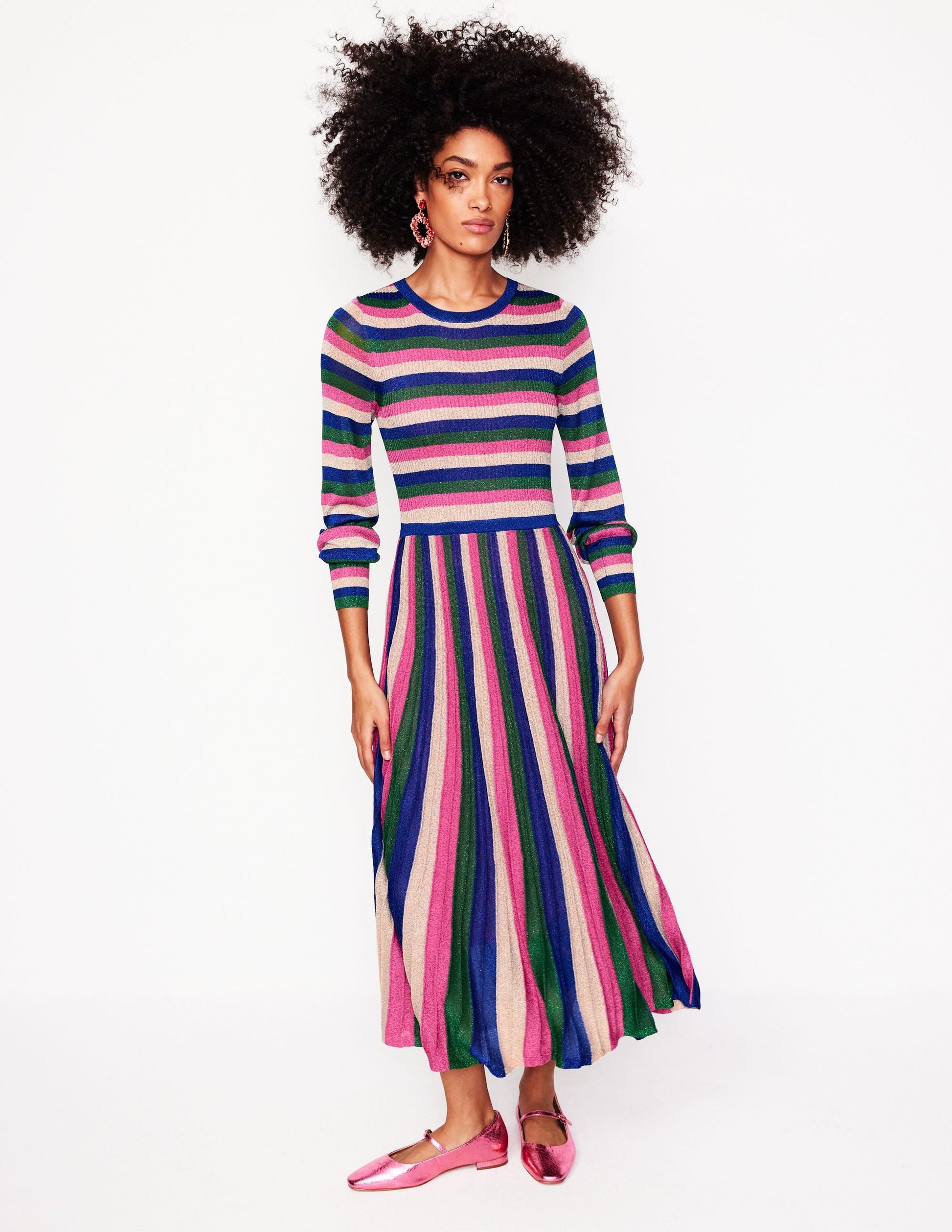 Ribbed Metallic Party Dress-Pink, Green and Gold Stripe-4