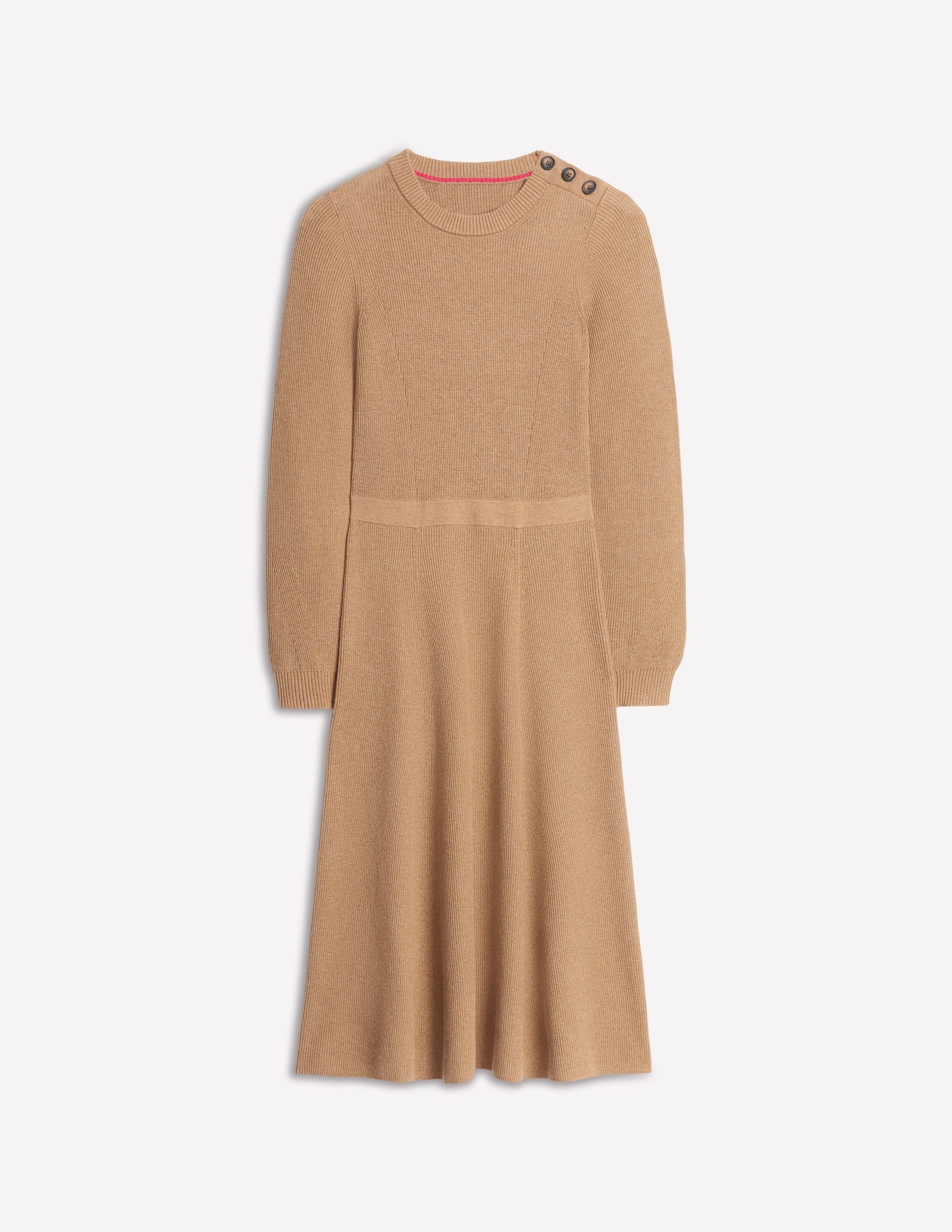 Button Shoulder Knitted Dress-Camel Melange - Image 5