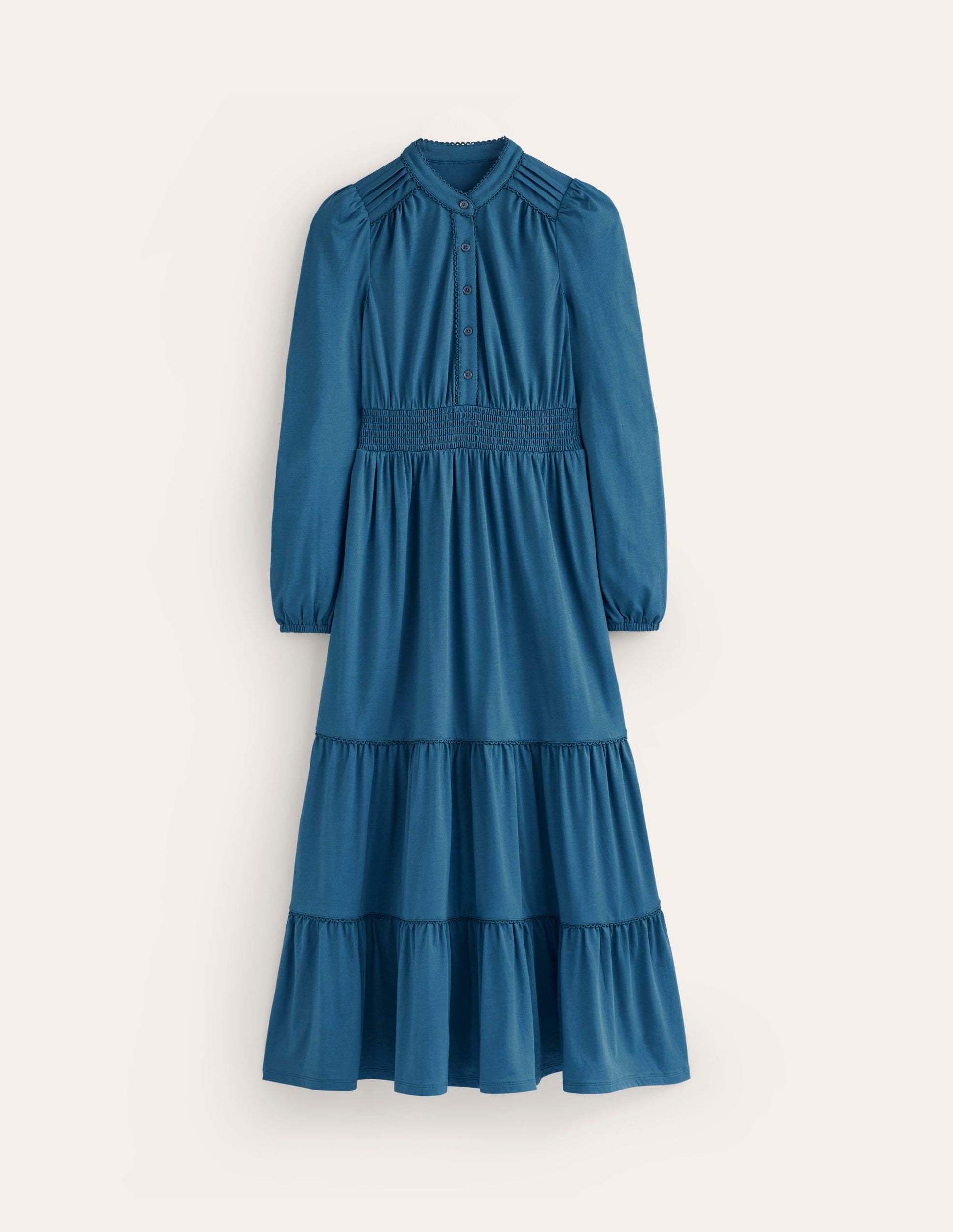 Shirred Waist Tier Midi Dress-Harbour Blue-5