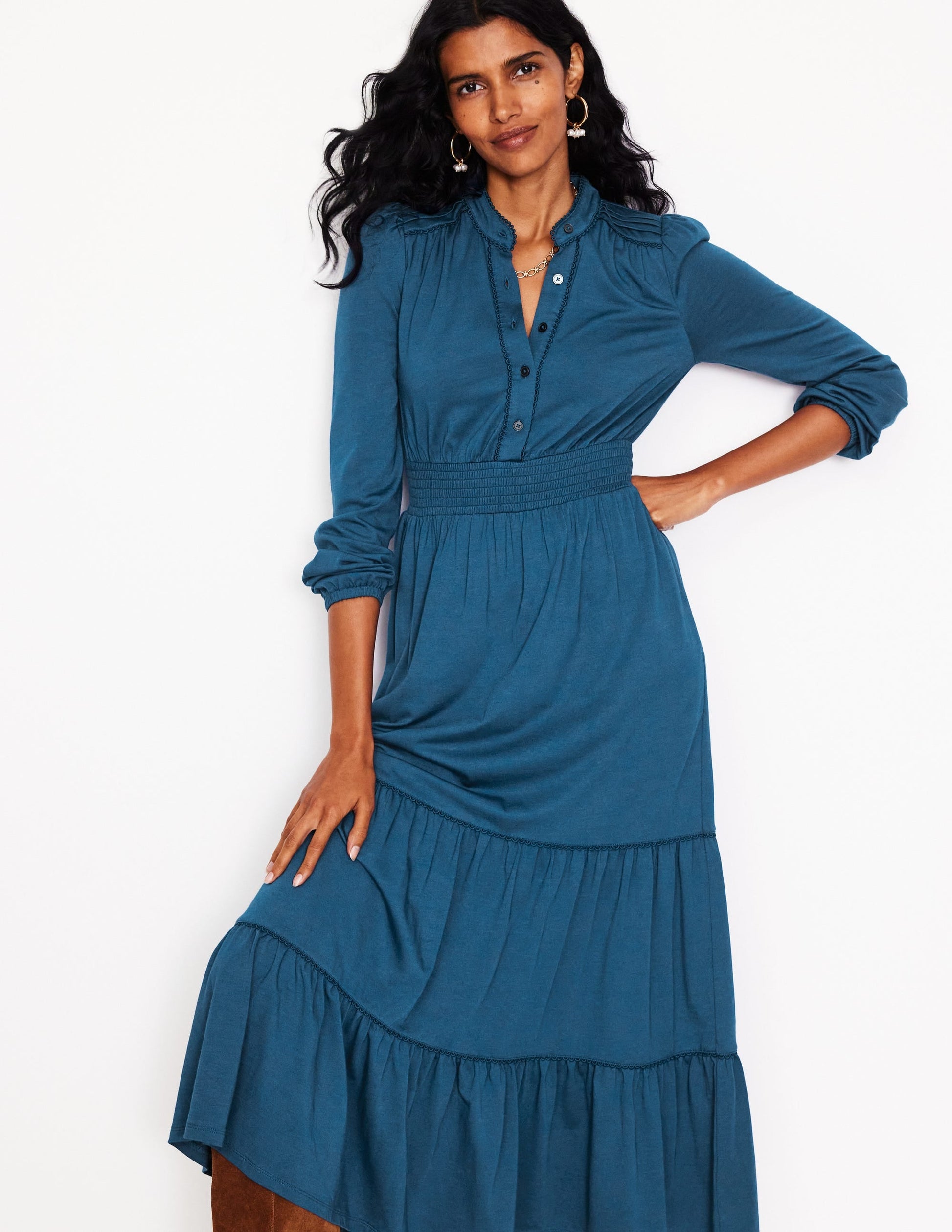 Shirred Waist Tier Midi Dress-Harbour Blue-1