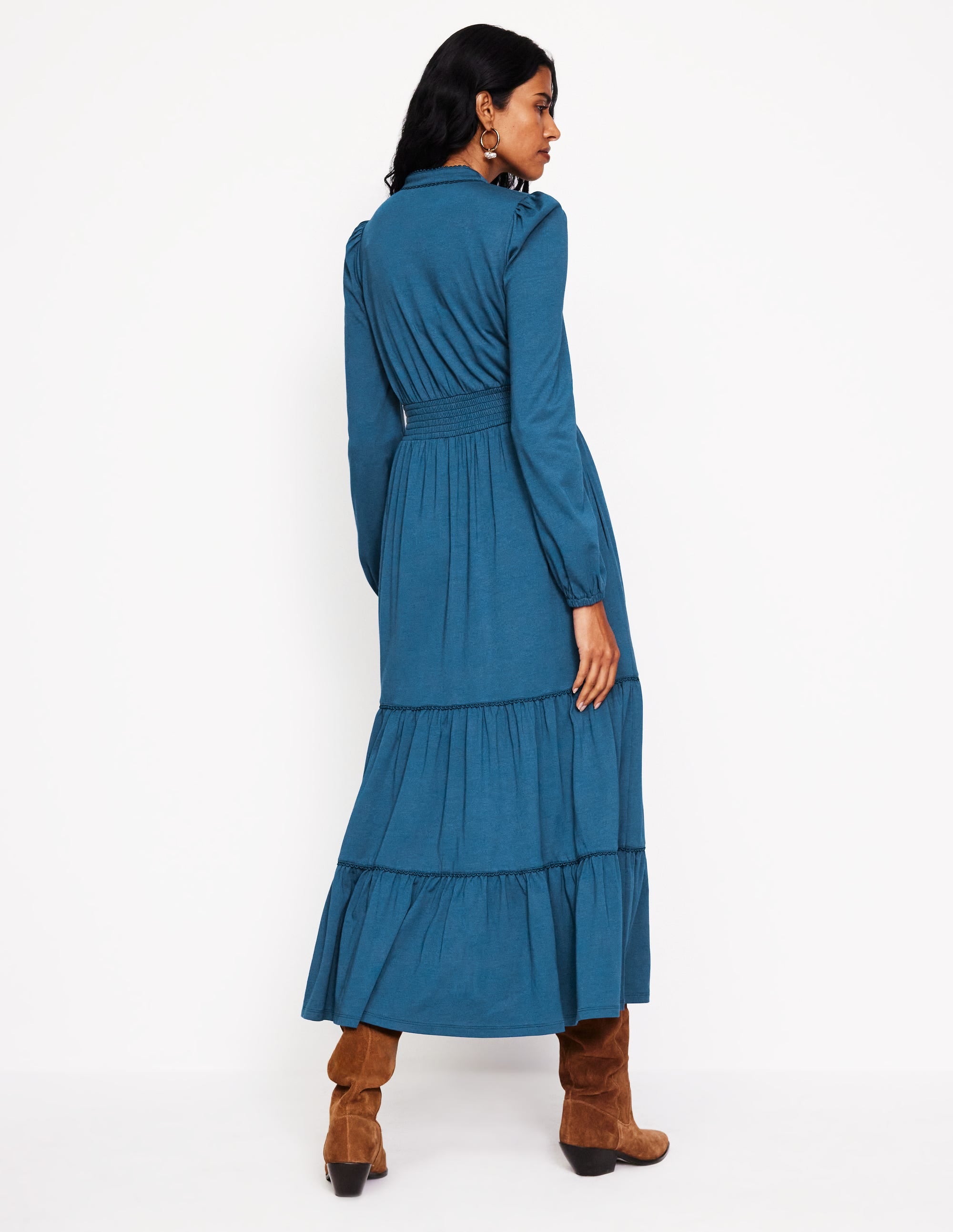 Shirred Waist Tier Midi Dress-Harbour Blue - Image 3