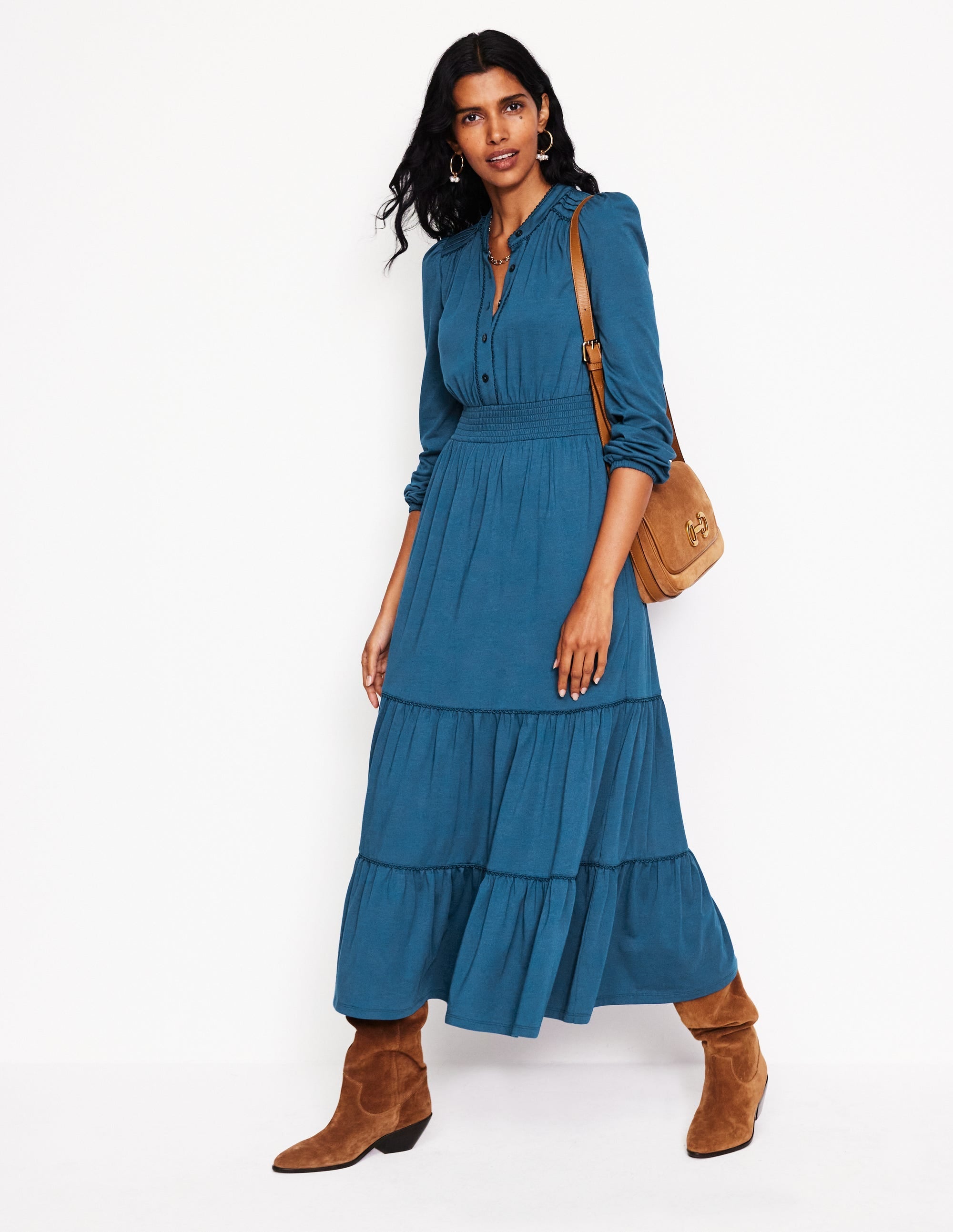 Shirred Waist Tier Midi Dress-Harbour Blue - Image 4