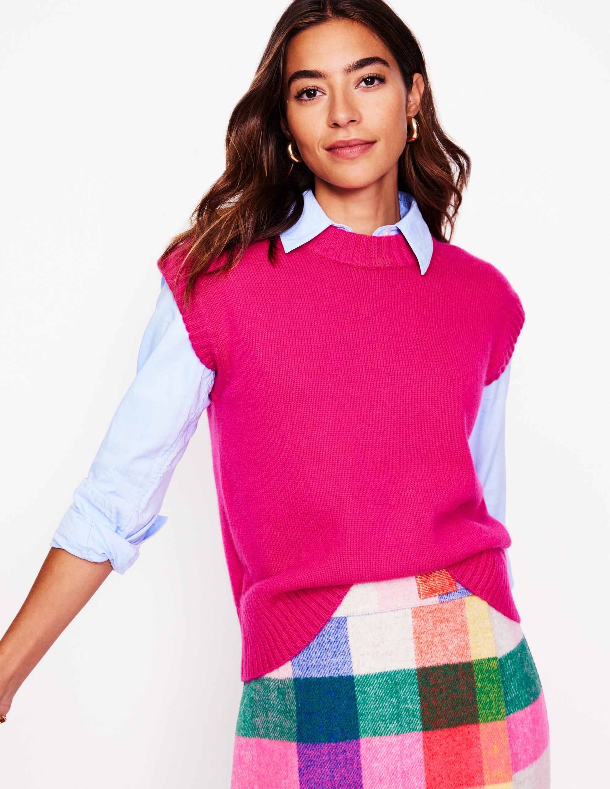 Chunky Cashmere Crew Neck Tank-Bright Pink-1
