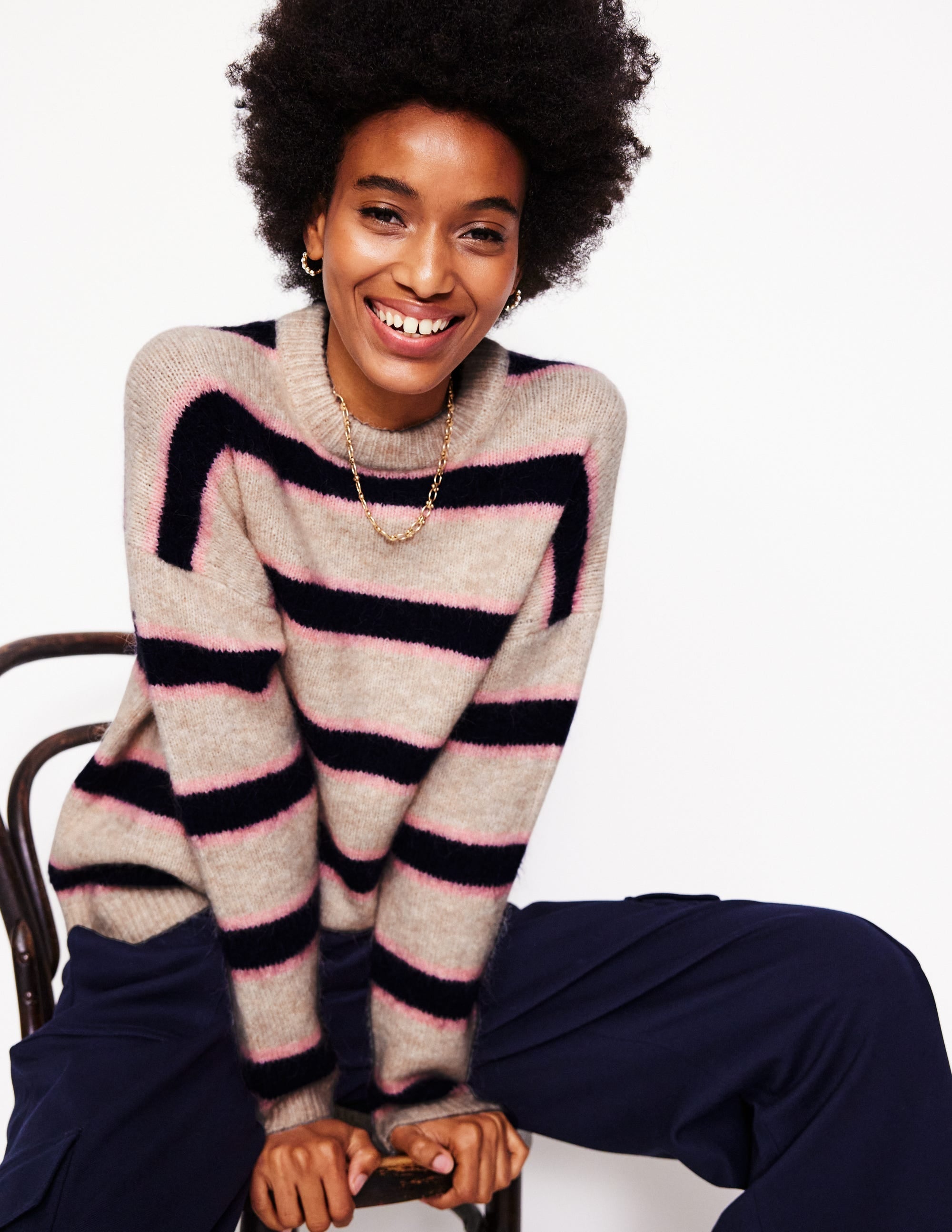 Rosemary Relaxed Fluffy Jumper-Oatmeal Melange, Navy - Image 1