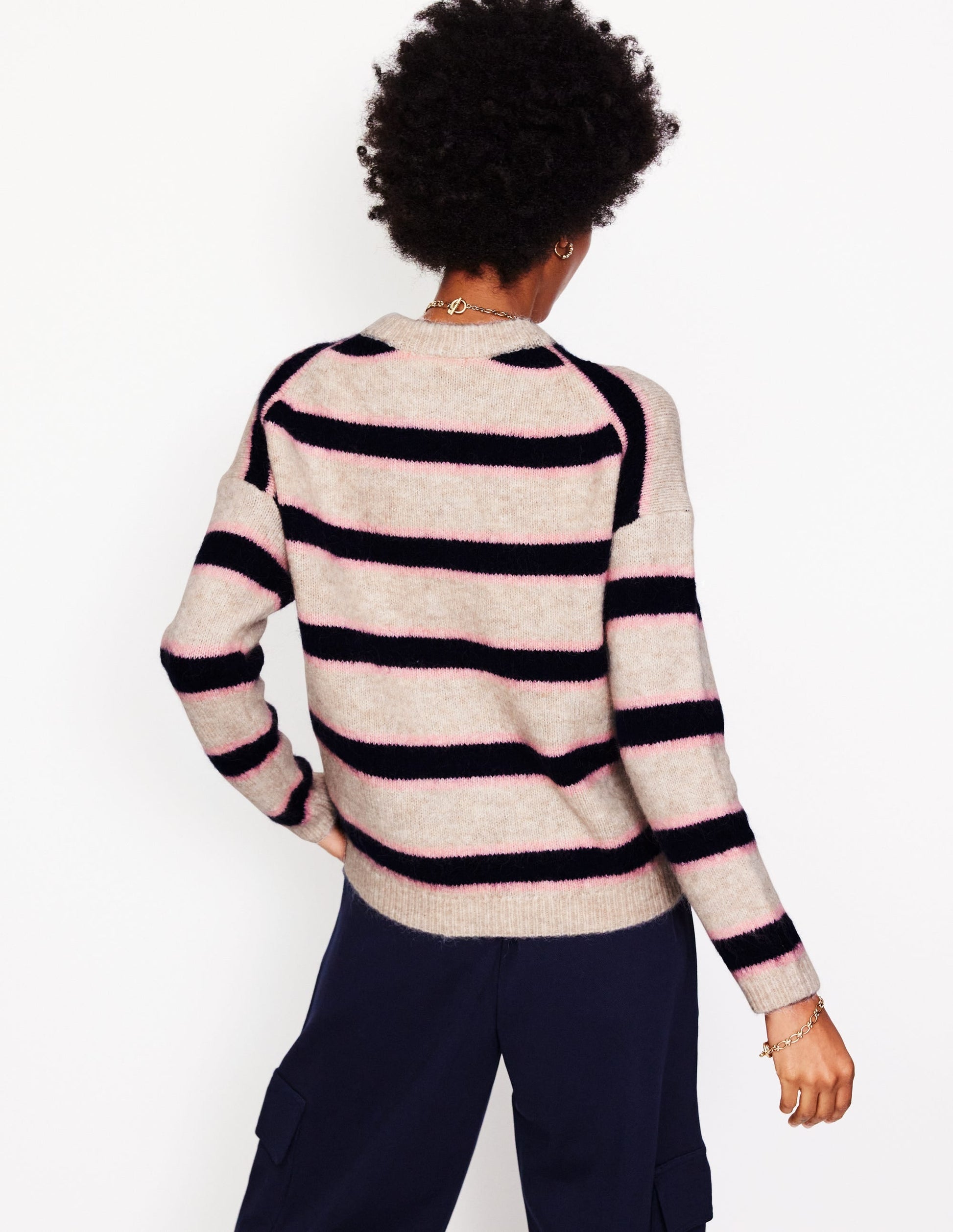 Rosemary Relaxed Fluffy Jumper-Oatmeal Melange, Navy-3