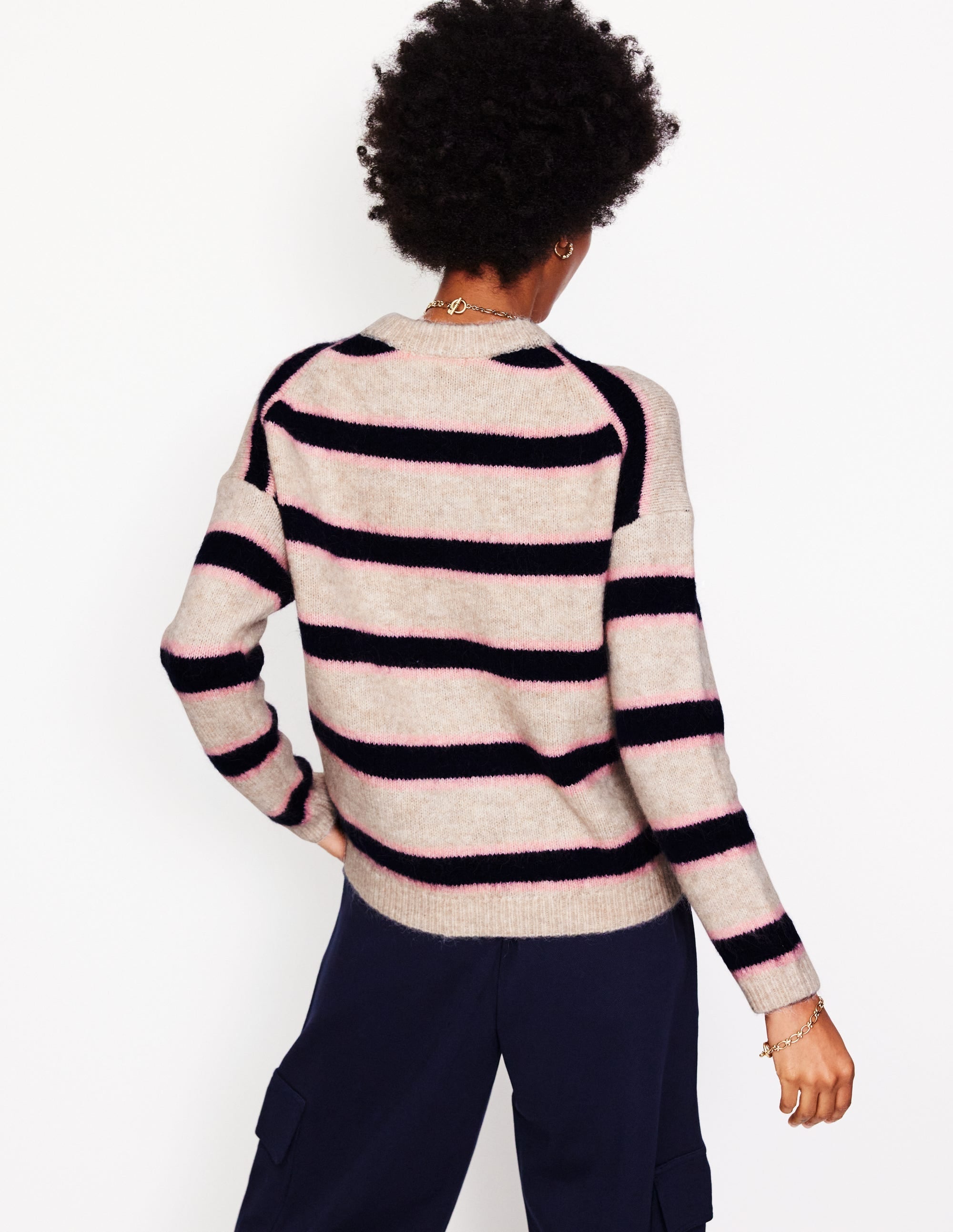 Rosemary Relaxed Fluffy Jumper-Oatmeal Melange, Navy - Image 3