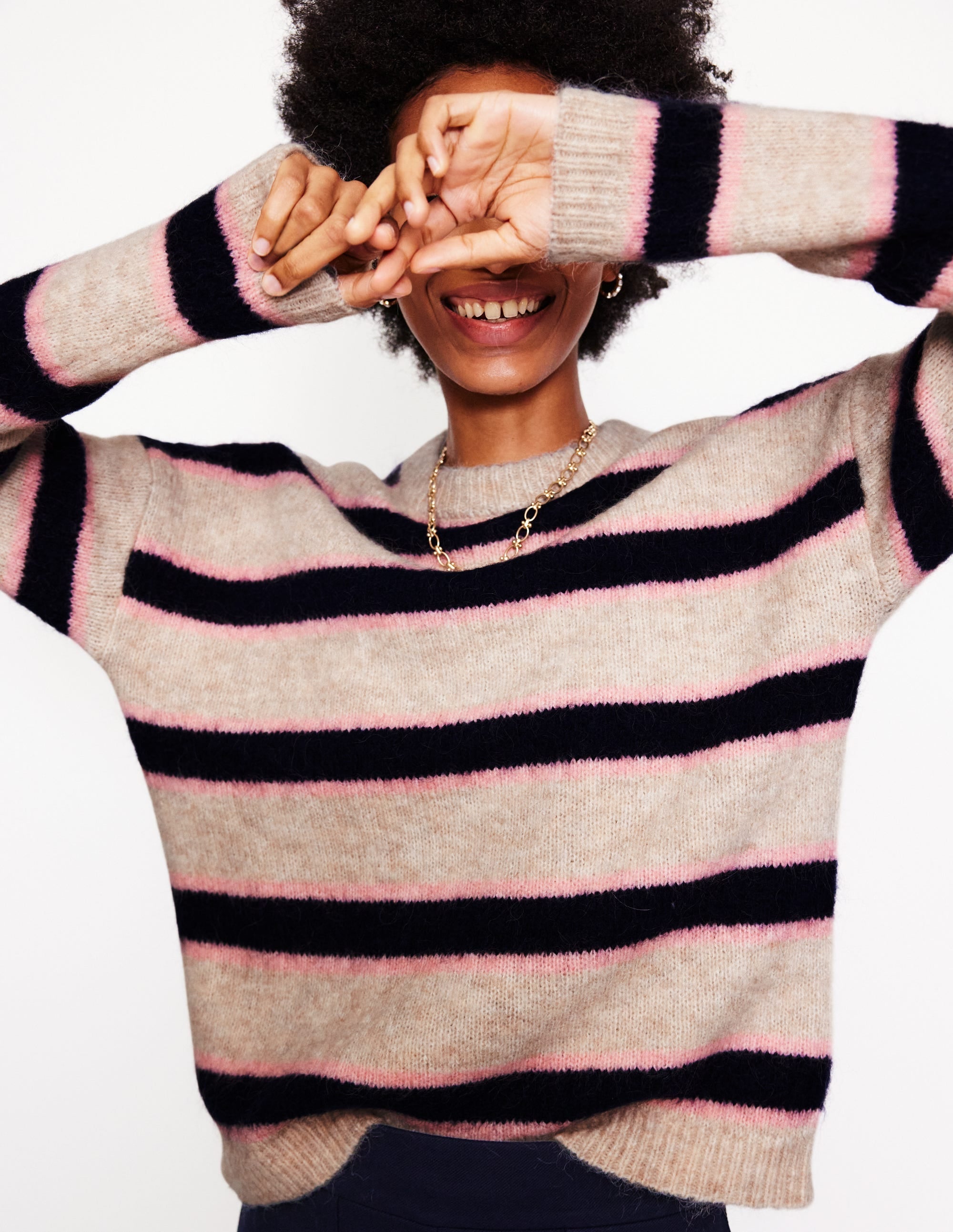 Rosemary Relaxed Fluffy Jumper-Oatmeal Melange, Navy - Image 4