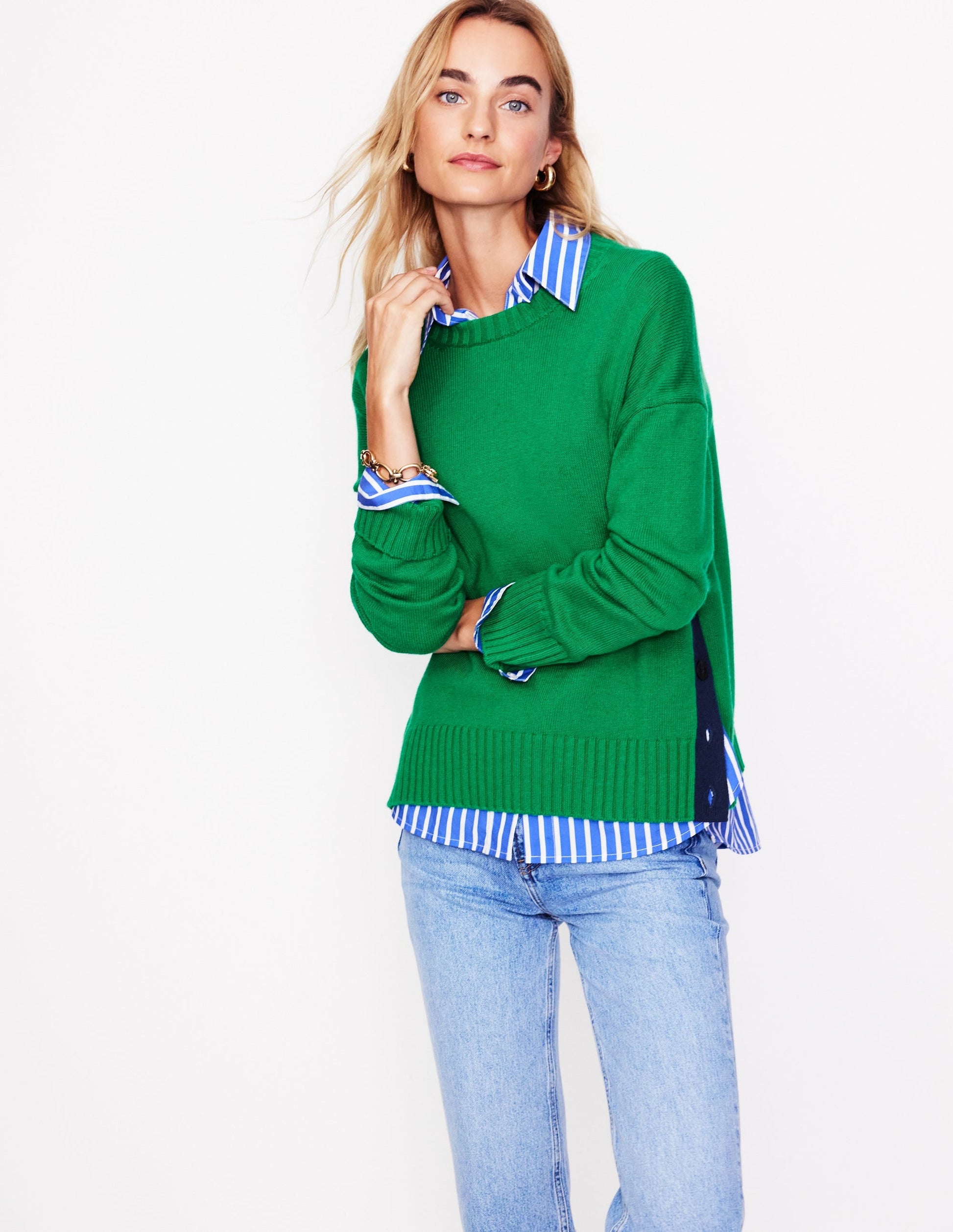 Zia Button Side Jumper-Rich Emerald Green-2