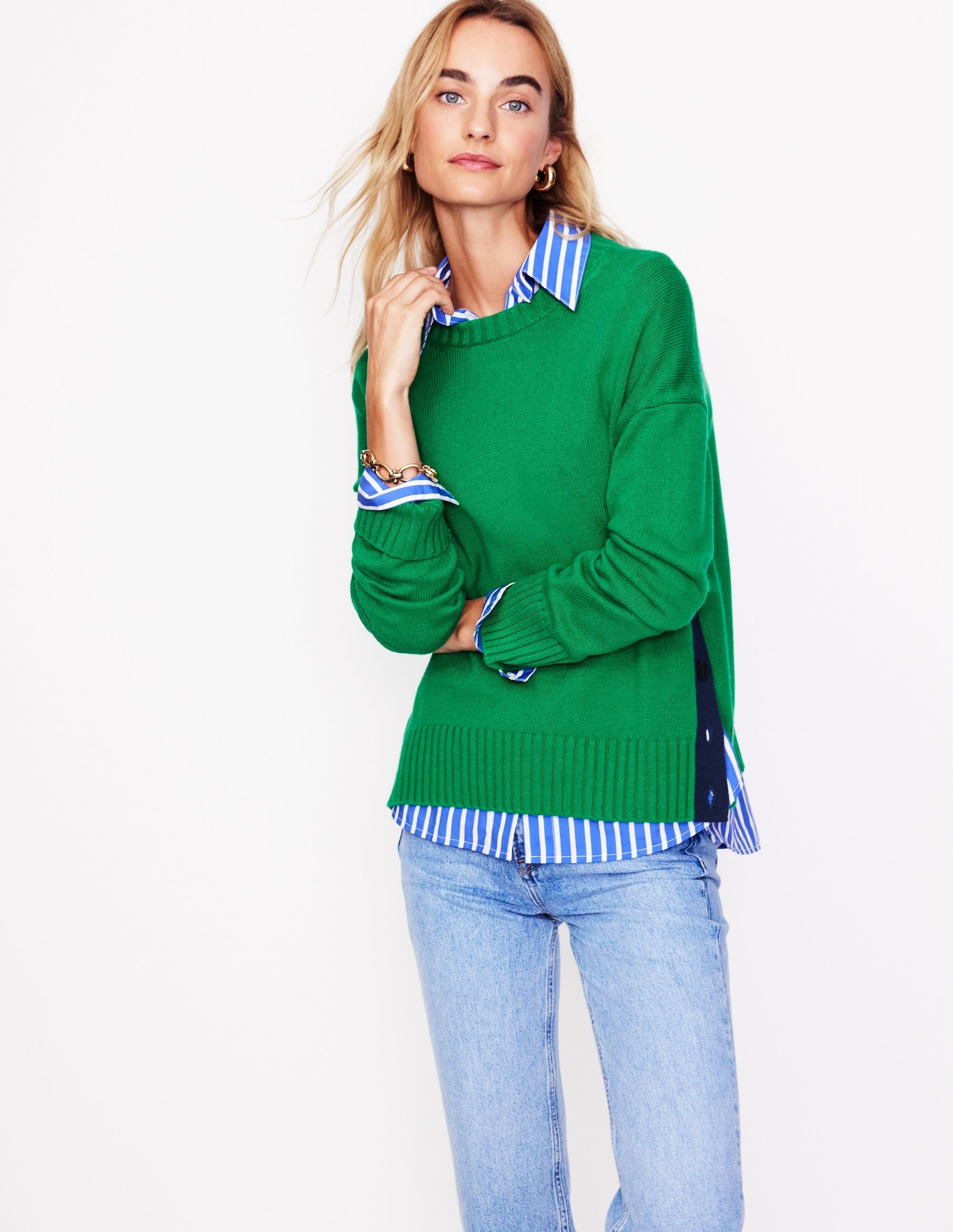 Zia Button Side Jumper-Rich Emerald Green - Image 2