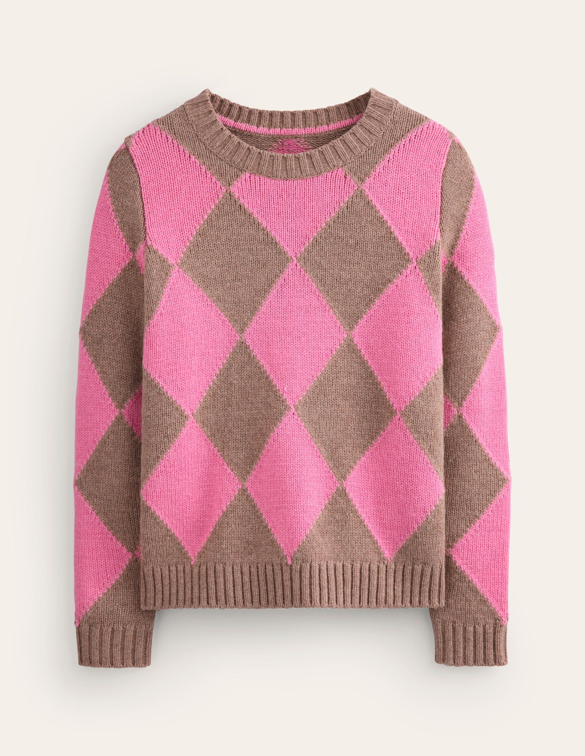 Argyle Crew Neck Jumper-Mink Melange, Pink-5
