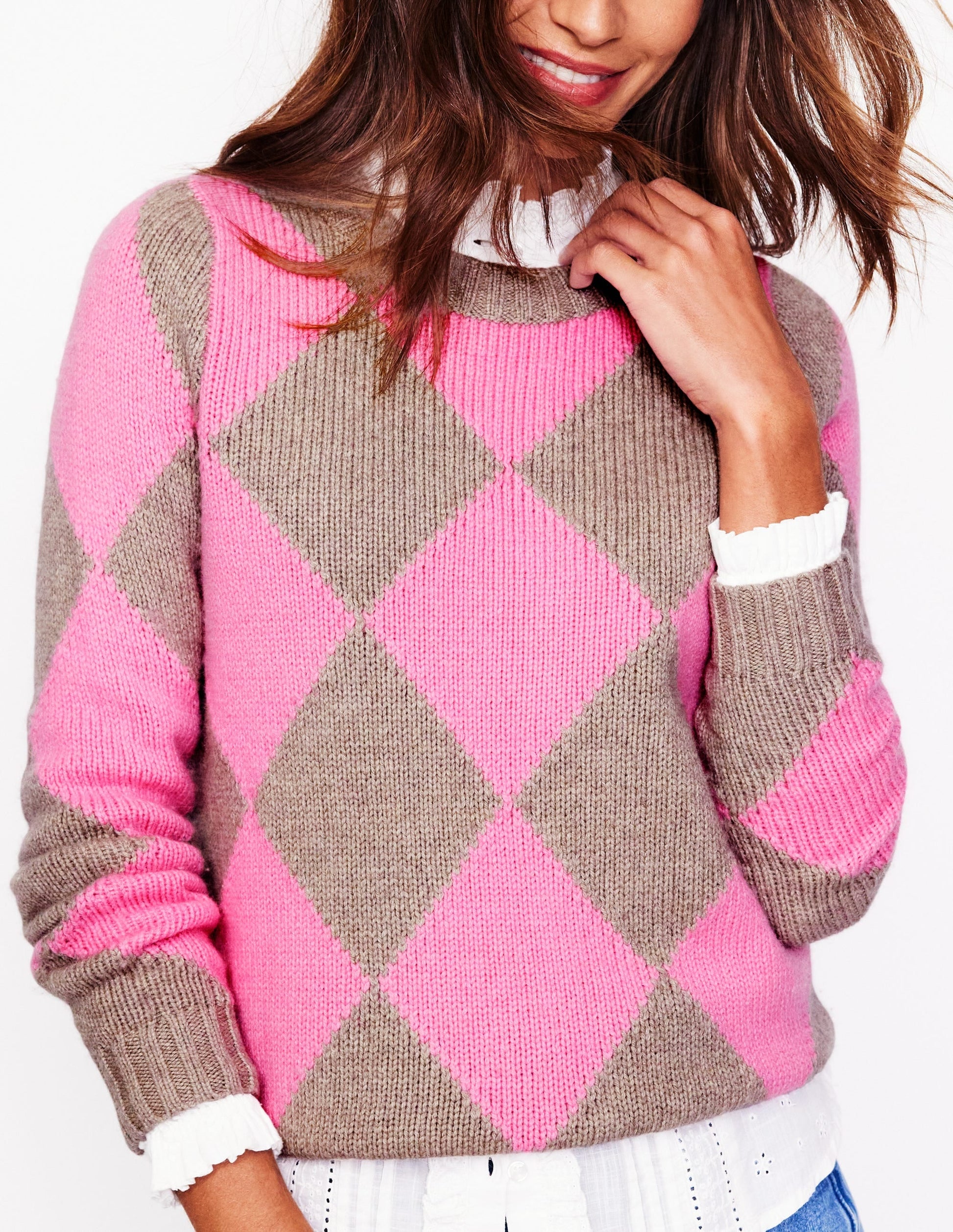 Argyle Crew Neck Jumper-Mink Melange, Pink-2